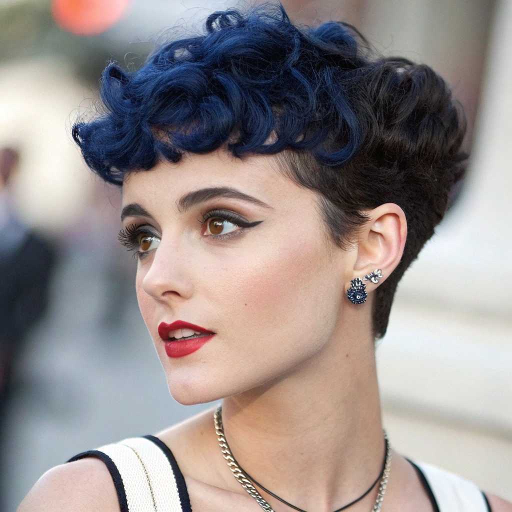 A high-resolution photograph capturing a young white woman with big boobs in her clothes. Artfully characterized by her iconic dark blue hairstyle. Her hair is short with tight curls, adorned with a distinctive fringe, complementing her wide, expressive brown eyes that convey a lively and curious personality. Her chin is smooth and round with no visible lines or no dimple chin. She is dressed in a classic crop top ensemble with no jewelry at the neck and ears. She features bold, energetic shades that embody her dynamic spirit. Her short white tennis skirt showcases her long legs from a slight above-camera angle, highlighting her youthful and spirited nature. The background presents a soft sofa, subtly suggesting a cosmic theme without detracting attention from SWEET16. The lighting is both gentle and dramatic, creating soft shadows that enhance depth and accentuate the delicate lines and intricate details of her facial features. The composition exudes an atmosphere of wonder and excitement, drawing the viewer into her fantastical world with its enchanting allure. realistic