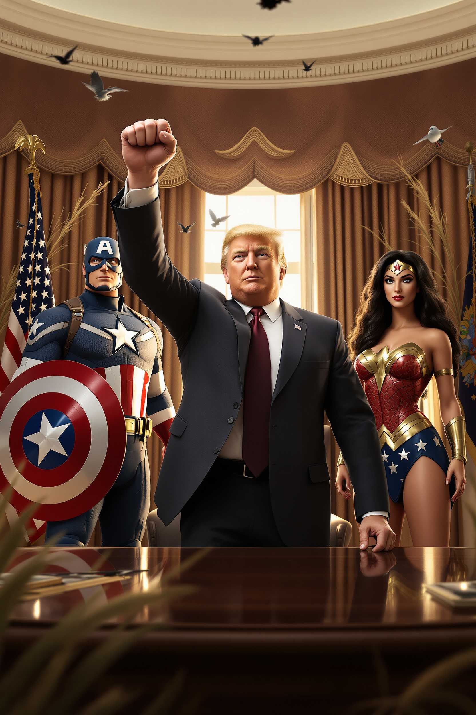 This 3D digital artwork blends superhero imagery with a realistic portrayal of a person in a business suit, capturing a heroic, dynamic scene. The style combines photorealism and digital photography, using rich, warm colors that evoke nostalgia. Set inside thew oval office at the White House. The central figure, dressed in a suit, stands confidently behind a desk, with a raised fist. Flanking them are Donald Trump as Captain America, holding a shield, and a Wonder Woman figure, each detailed with high realism. The background features tall grasses and birds, adding movement and natural beauty. style disney pixar