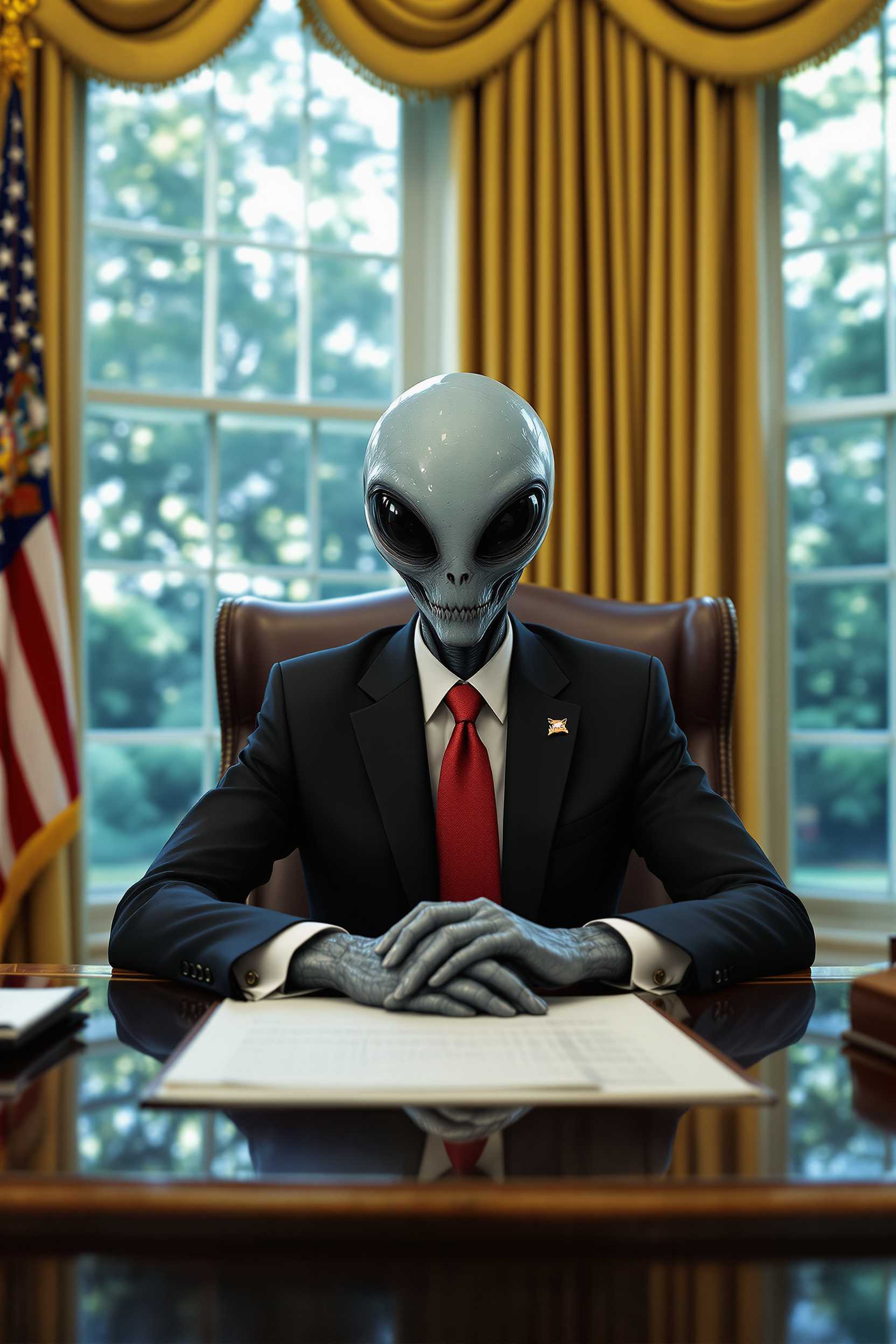 Hyper realism alien president sitting behind the desk in oval office at white house in Washington dc.