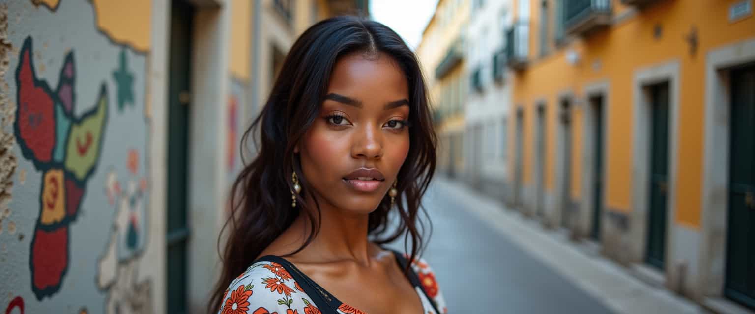 Stylish Woman in Colorful Blouse Posing on City Street
