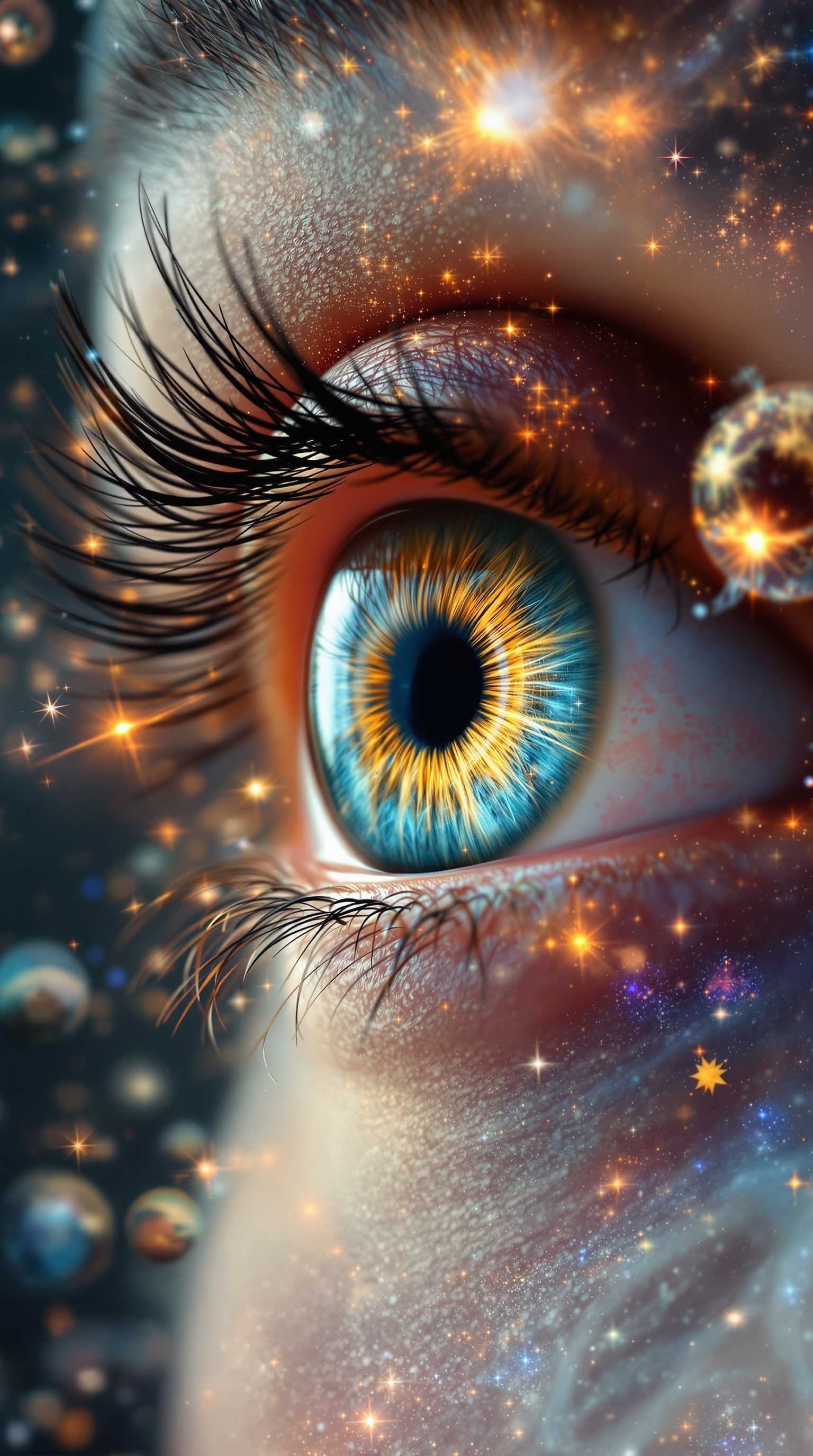 "A highly detailed, realistic photograph capturing the concept of the 'mind's eye.' The image should depict a human eye with intricate, vivid patterns and textures within the iris and pupil, symbolizing imagination and inner vision. Surrounding the eye, faint yet visible images of galaxies, dreamlike landscapes, and abstract shapes blend seamlessly into the background, representing thoughts and creativity. Soft, ethereal lighting highlights the eye, creating a mystical and contemplative atmosphere."