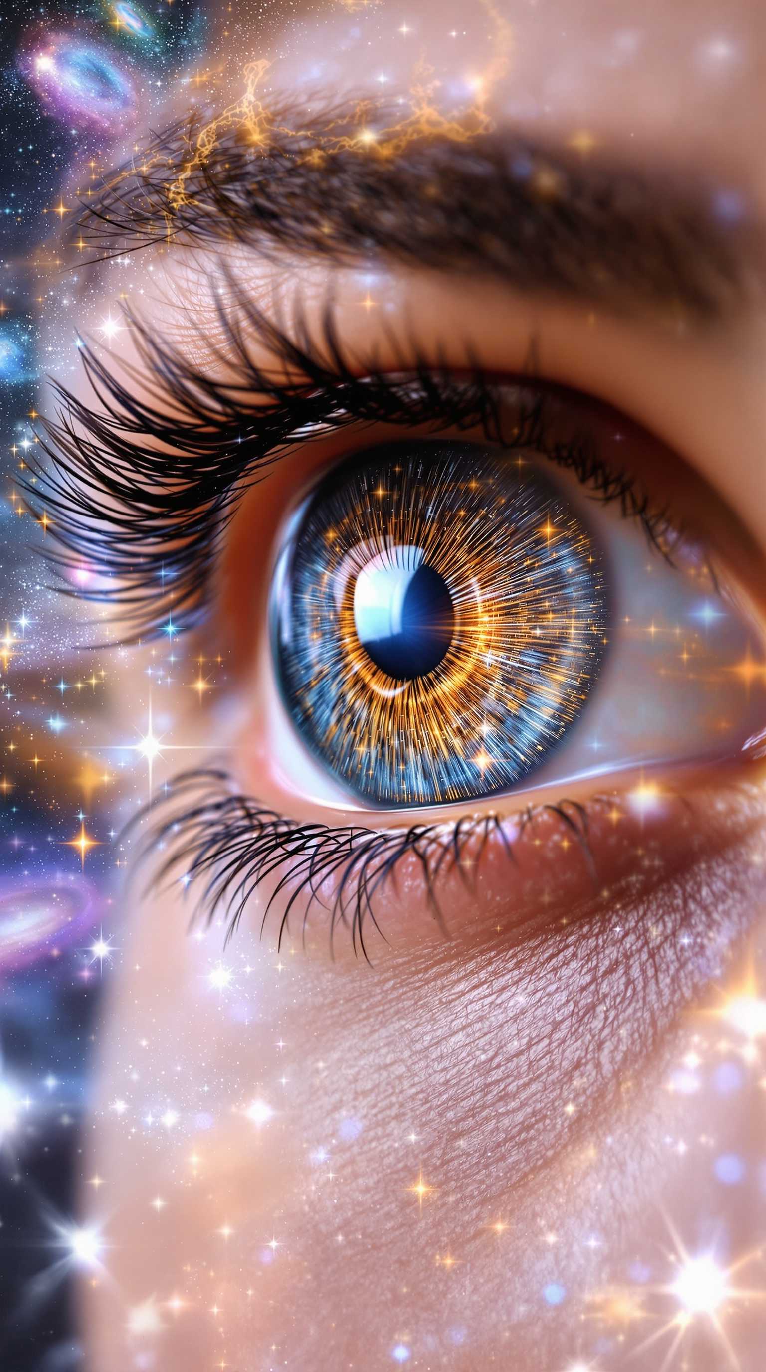 "A highly detailed, realistic photograph capturing the concept of the 'mind's eye.' The image should depict a human eye with intricate, vivid patterns and textures within the iris and pupil, symbolizing imagination and inner vision. Surrounding the eye, faint yet visible images of galaxies, dreamlike landscapes, and abstract shapes blend seamlessly into the background, representing thoughts and creativity. Soft, ethereal lighting highlights the eye, creating a mystical and contemplative atmosphere."