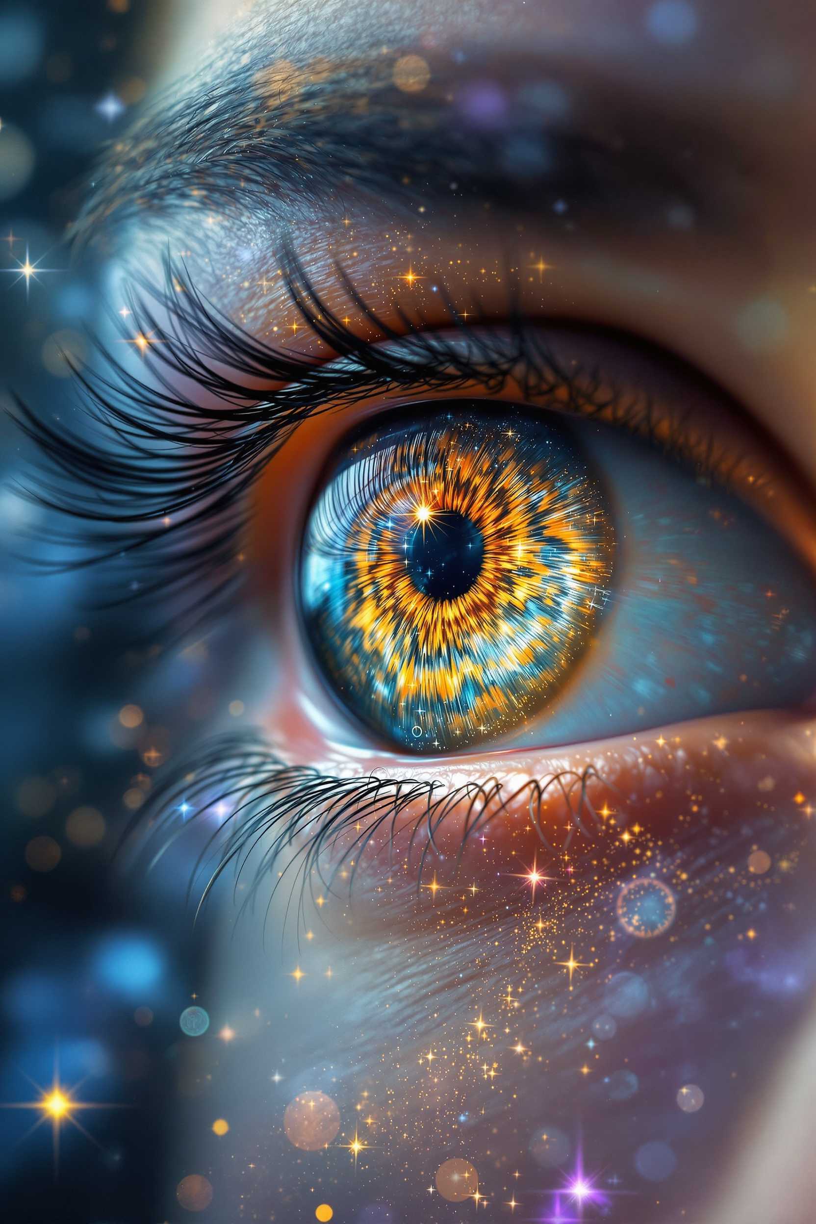 "A highly detailed, realistic photograph capturing the concept of the 'mind's eye.' The image should depict a human eye with intricate, vivid patterns and textures within the iris and pupil, symbolizing imagination and inner vision. Surrounding the eye, faint yet visible images of galaxies, dreamlike landscapes, and abstract shapes blend seamlessly into the background, representing thoughts and creativity. Soft, ethereal lighting highlights the eye, creating a mystical and contemplative atmosphere."