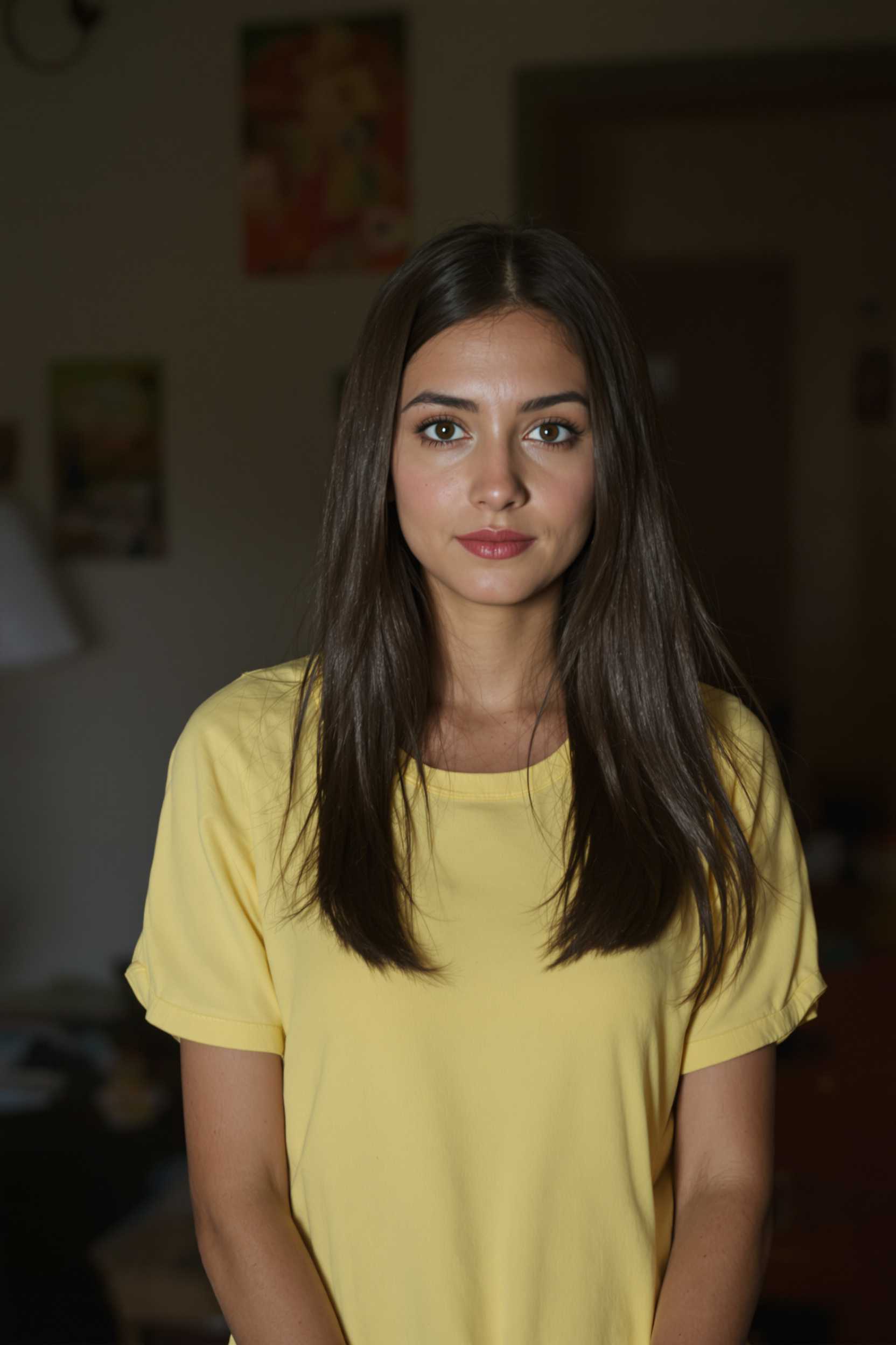A beautiful woman, 20 years old, long, straight, dark brown hair, slightly tanned skin, olive green eyes, delicate nose, expressive eyes, small mouth, slender body, wearing a simple yellow dress, round neck, medium sleeves, serene look , standing, seen from the front, looking straight ahead, in a simple room with humble decor, photo-realistic, photo-realism, hyper-realistic, hyper-realism, ultra-realistic, ultra-realism, cinematic lighting