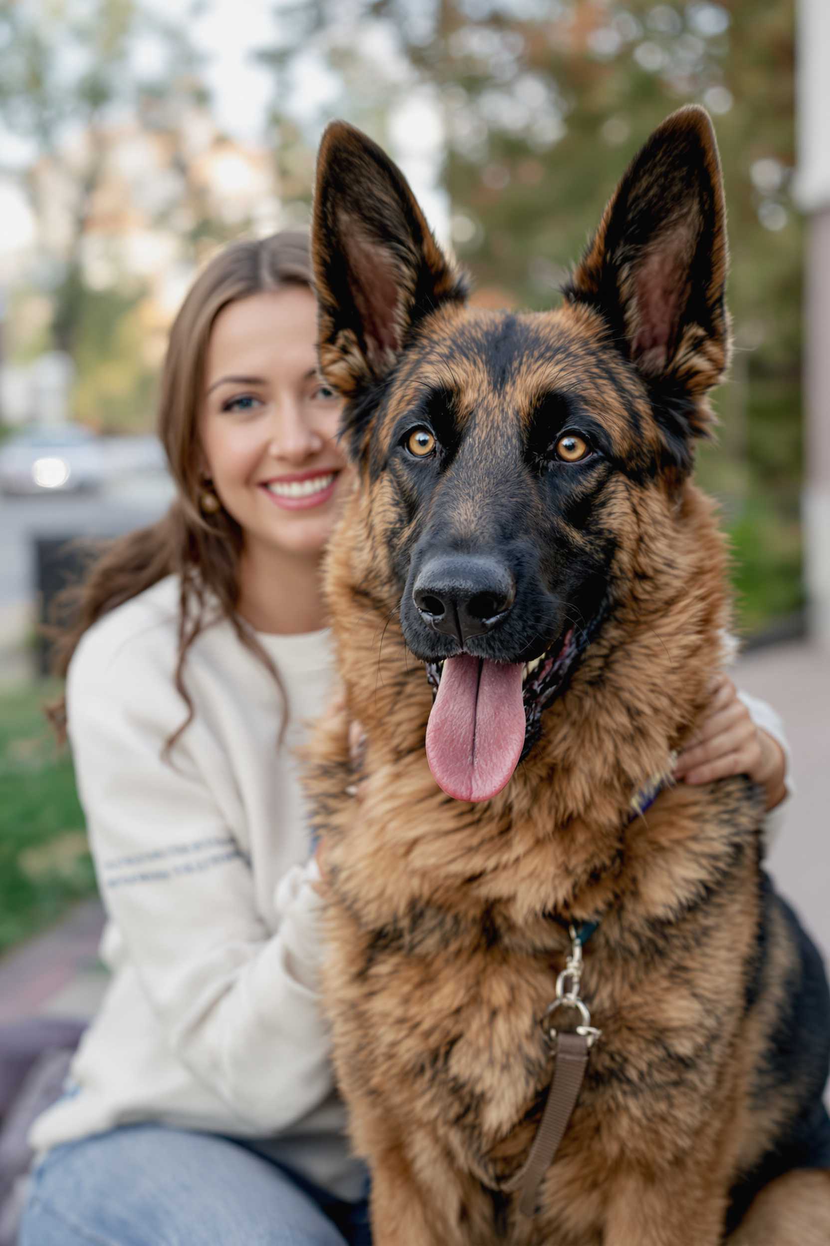 belgian shepherd malinois dog with ear up, posing with a pretty country women with brown hair and blue eyes




