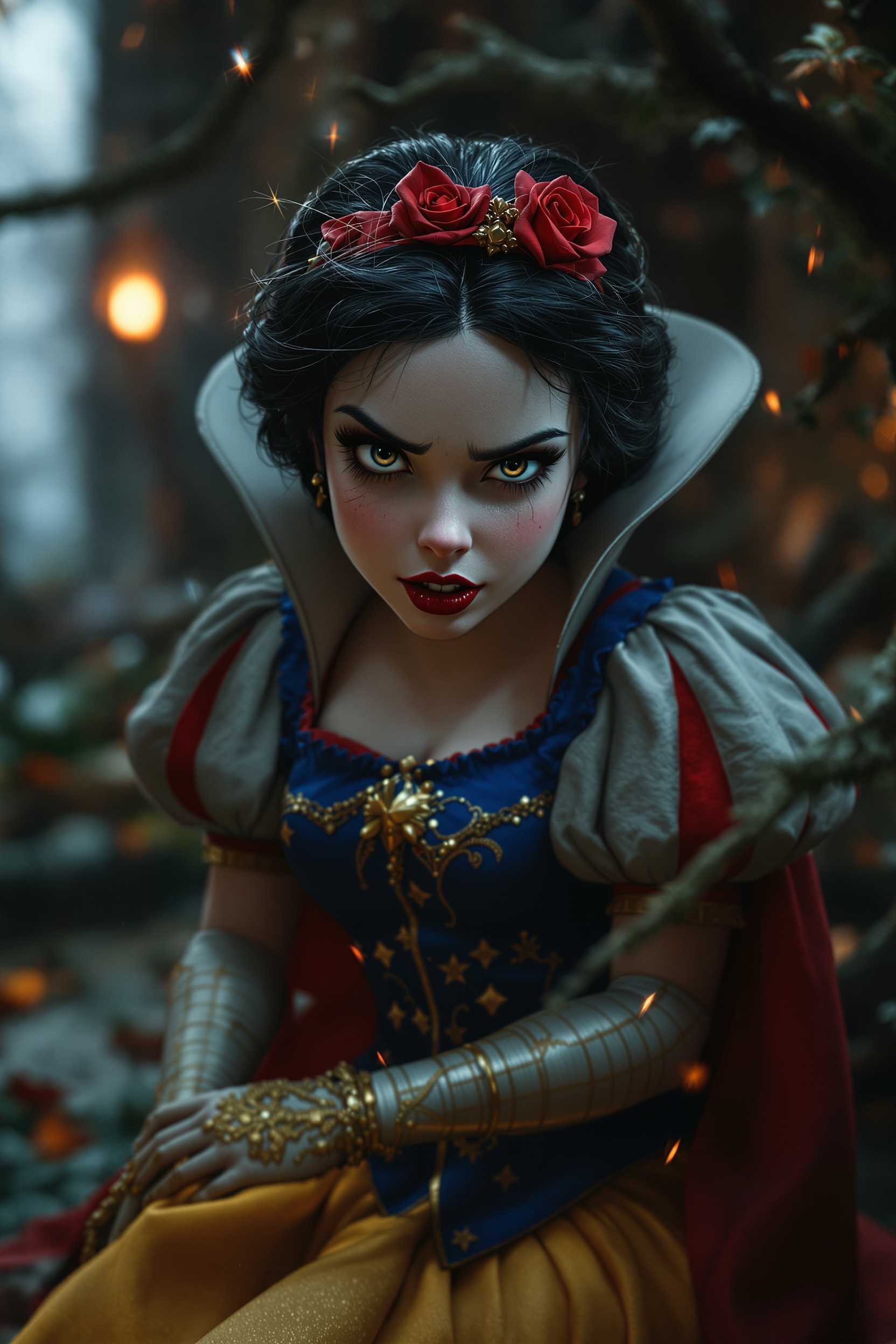 snow white ,walt disney style , angry realistic cinematic
