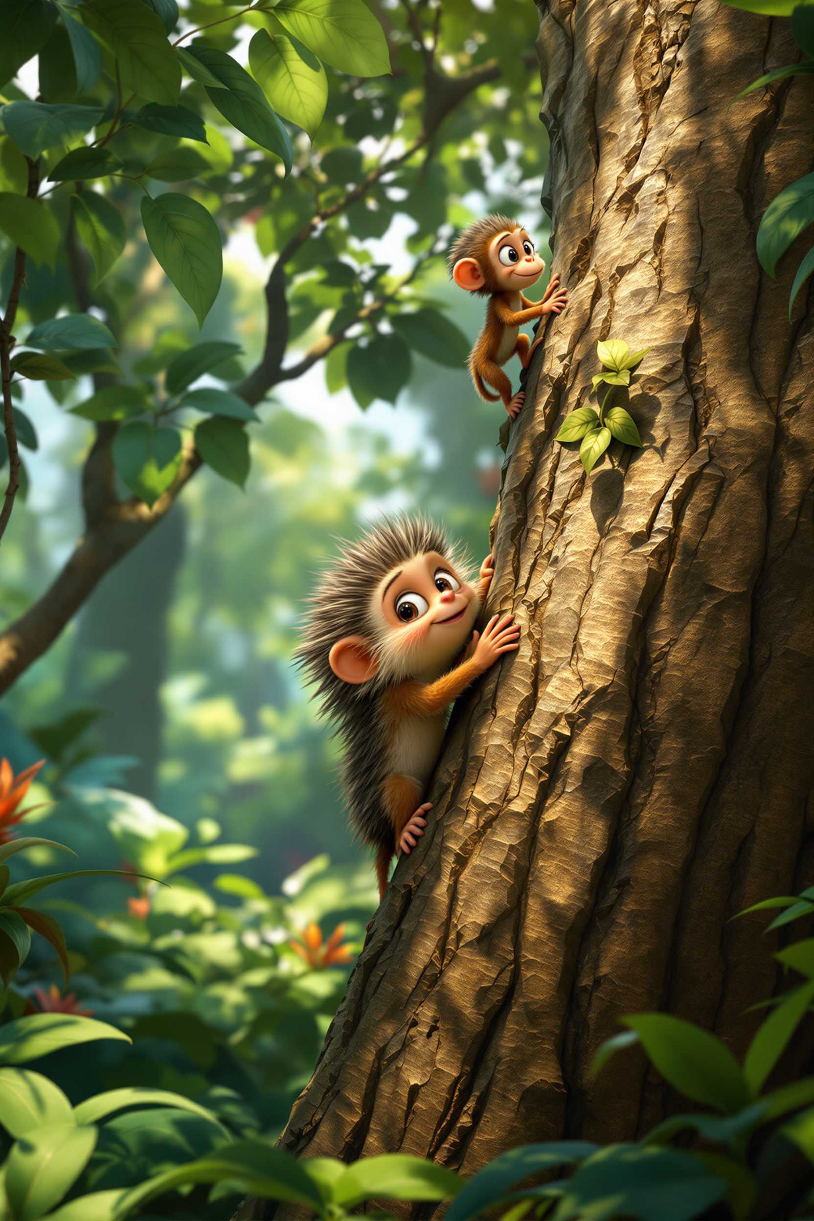 3D, A tiny hedgehog with big, cute eyes, climbing a tall jungle tree, gripping the bark as he makes his way up. The thick, vibrant jungle surrounds him, and the baby monkey waits anxiously above, 3D Disney Pixar Style