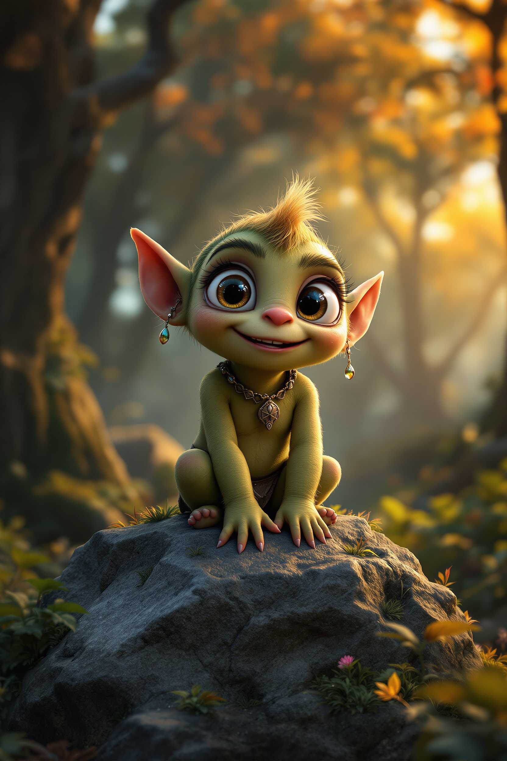 Disney style, very cute Orc, big glossy intricate eyes, happy, sittin on rock in enchanted forest on top of rock in ancient forest, 4 hyper-realistic, 5 detailed character expressions, 3 Ultra-detailed Quality 3D Octane Render, volumetric lighting, niji 5, absolute masterpiece, and suitable for 64k resolution. It meets the highest standards of realism, ensuring every element appears as if it were a high-resolution photograph. shot on Hasselblad H6D 400c