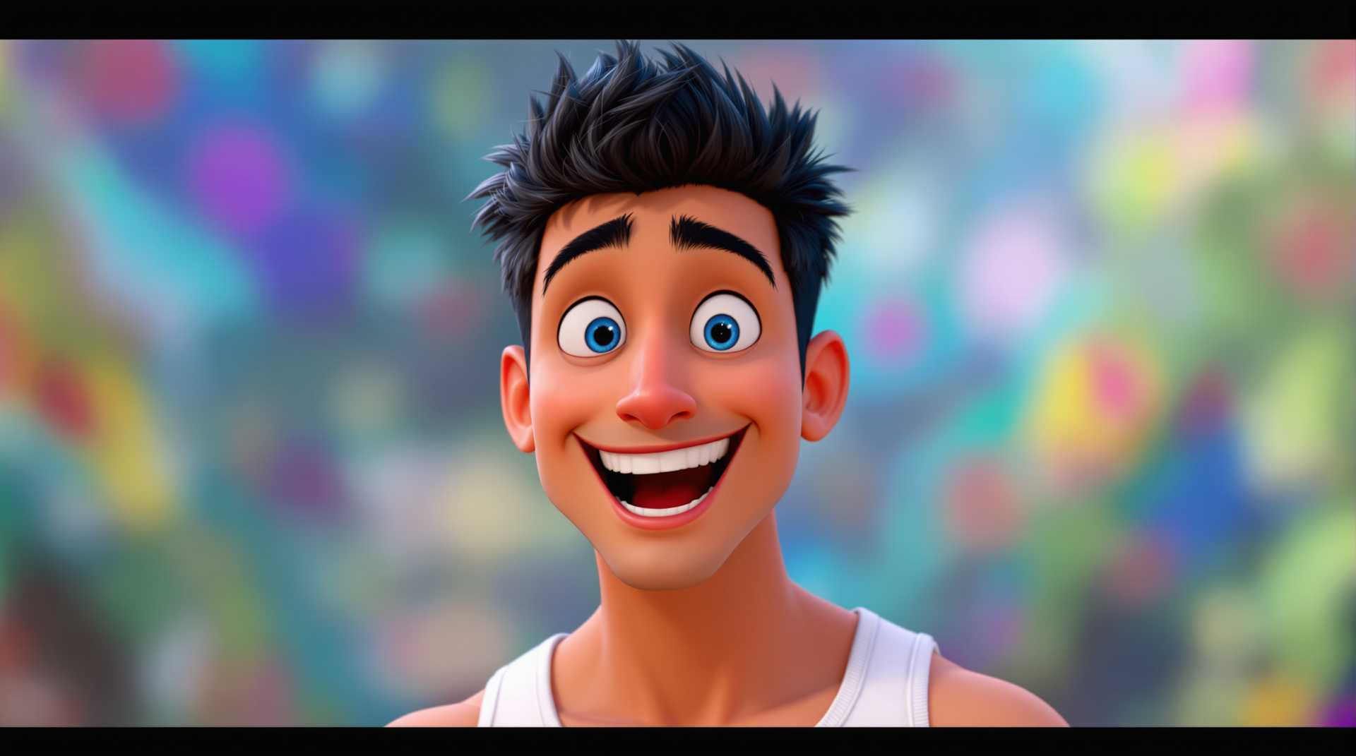 A young, attractive, muscular man wearing a tight white tank top. Short, spiky black hair. His face is full of excitement and energy, with a wide, open-mouthed smile and bright blue eyes staring directly at the viewer. Tanned skin and a defined jawline. The background is a vibrant, colorful blur, reminiscent of a Disney 3D animation.

Style: Disney 3D animation style with exaggerated features and expressive eyes. Use soft, rounded lines and vibrant, saturated colors. Emphasize the character's youthful energy through dynamic poses and bright lighting. The background should have a bokeh effect to draw attention to the main character and create a sense of depth.