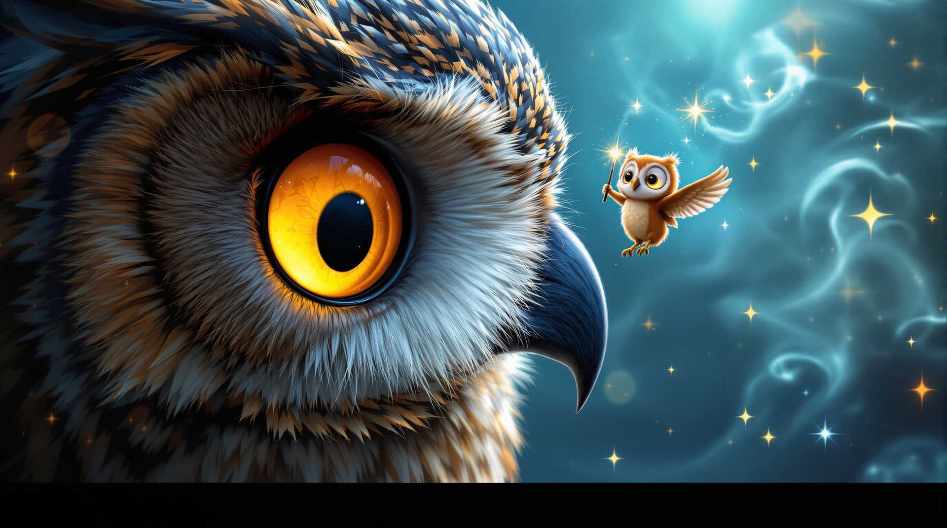 Ultra-realistic image: poster for the cartoon "TonReader". The title of the cartoon at the top of the poster: Use an unusually beautiful hand-written antique font, as if written with a fountain pen in owl ink with changing colors. The title harmoniously contrasts with the main image of the poster: A face of an owl in half-turn close-up, eyes looking at its beak, a little owl with wings sits on the beak and waves a magic wand. In the background - traces of steam, translucent stars, and magical scenery. Maximum realism, magic, and miracles. A three-dimensional poster in the best traditions of animation studios such as Disney and Pixar