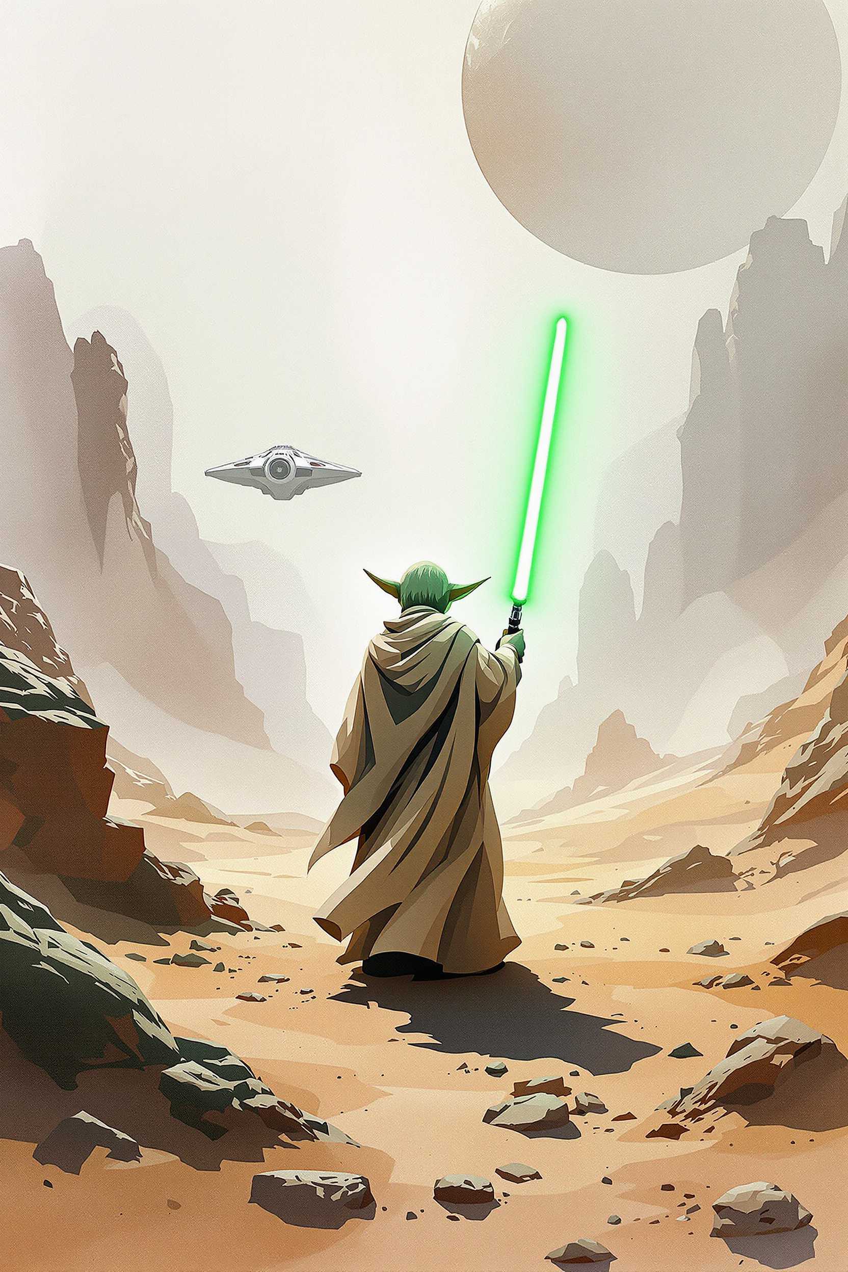 Abstract art of starwars with yoda holding green light saber. sci-fi landscape with dirt and rocks in foreground, yoda standing further back, Millenium falcon starship far away in background. Light muted colors. Inspired by water color paintings. The image inspires hope