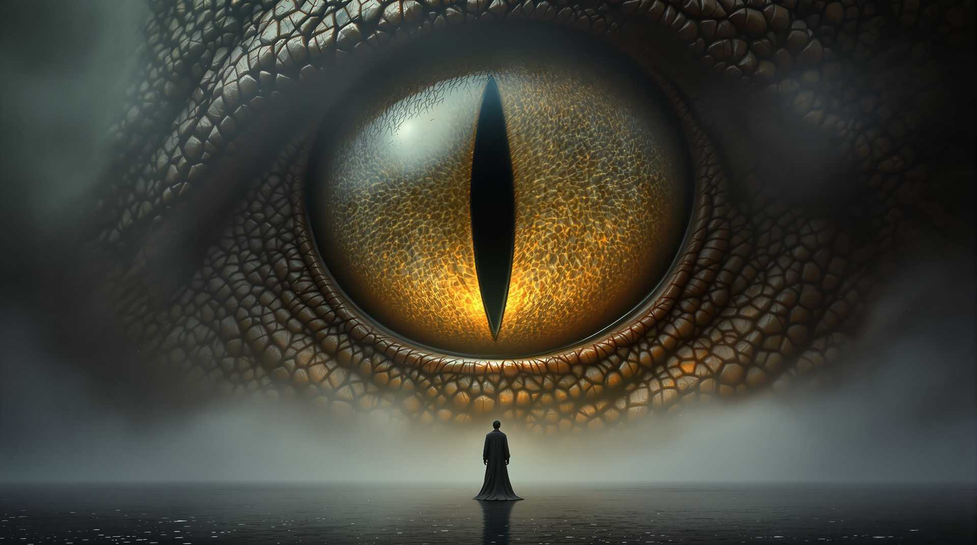a striking and surreal scene that combines elements of both the natural world and fantasy. Dominating the composition is a massive, reptilian eye, filling almost the entire frame. The eye is highly detailed, with a slit-like pupil that suggests it belongs to a large, powerful creature, perhaps a dragon or another mythical being. The texture around the eye is rugged and scaly, giving the impression of ancient, weathered skin. In the lower portion of the image, a solitary human figure stands before the eye, dressed in a flowing black robe. The figure is tiny in comparison to the colossal eye, emphasizing the vast difference in scale and power between the two. The person stands on a surface that appears to be water or mist, which reflects the eerie, otherworldly light that surrounds the scene. The atmosphere is misty and dreamlike, adding to the sense of mystery and awe. Overall, the image is both dramatic and thought-provoking, blending cultural elements with a fantastical imagination to create a visually captivating scene.