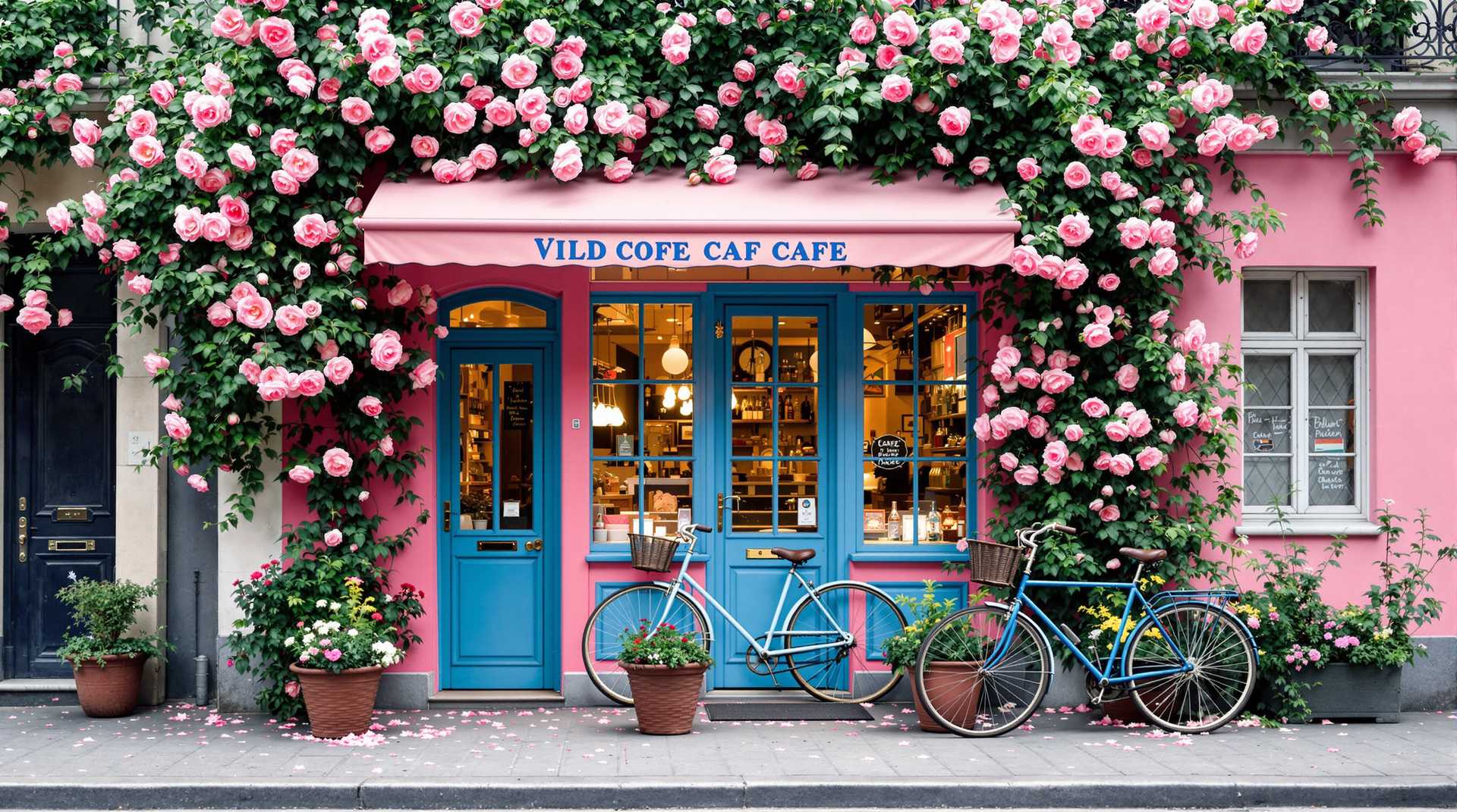 Nestled on a Parisian street, a charming cafe with a striking blue door and vibrant pink walls stands out against the backdrop of blooming roses and lush greenery. A quaint bicycle adds a touch of whimsy to the scene. This picturesque image, reminiscent of a painting, captures the essence of a romantic and serene corner of the city. Every detail is richly depicted, from the delicate petals of the roses to the inviting glow of the cafe's interior, creating a truly immersive and enchanting visual experience.