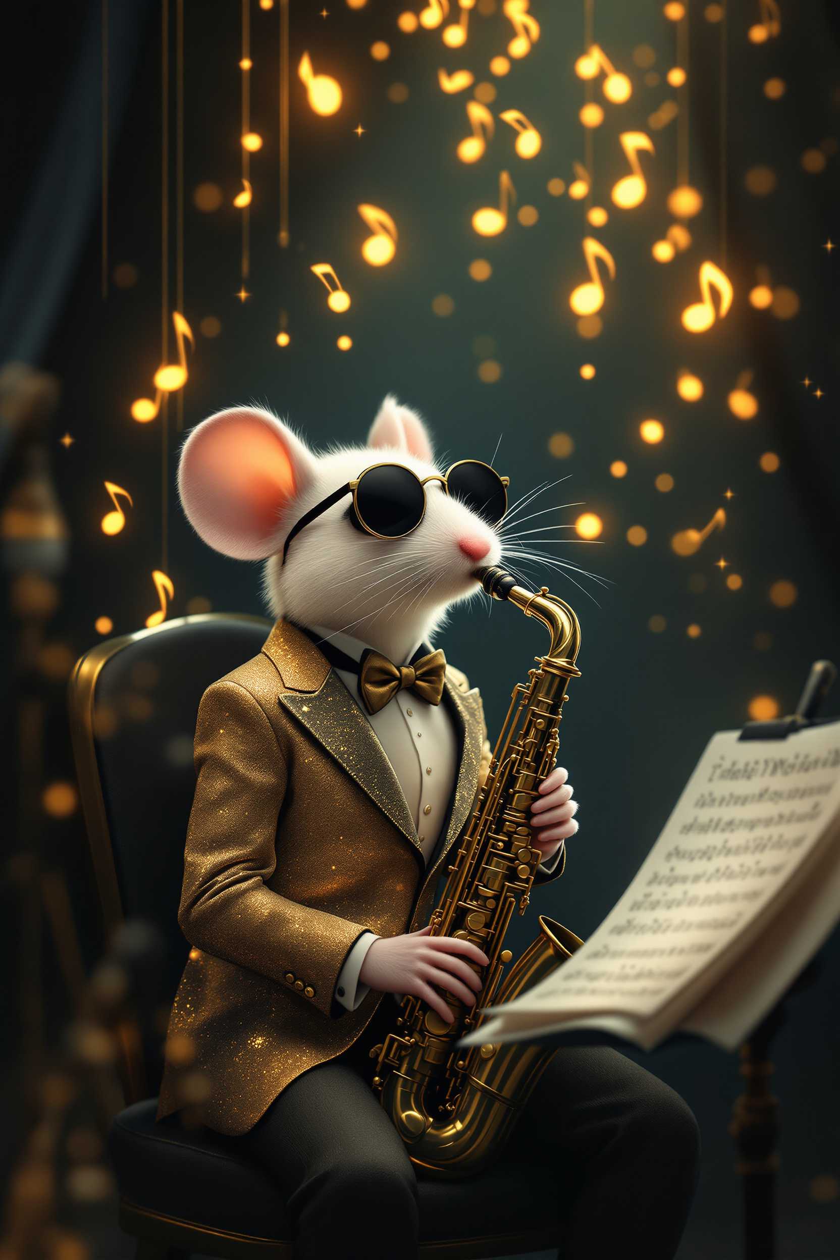 A whimsical, elegant scene featuring an anthropomorphic mouse playing a saxophone in a dimly lit, sophisticated setting. The mouse is dressed in a glittering, gold-embroidered tuxedo, complete with a bow tie and stylish round sunglasses, exuding a sense of charm and confidence while sitting in a chair. The saxophone is sleek and polished. There is a sheet music spread open over a tripod, and an old-fashioned microphone positioned nearby. Above the mouse, glowing golden musical notes hang around and cascade down like a gentle rain, illuminating the scene with a soft, warm light. The background is filled with a subtle sparkle, creating a magical, almost surreal atmosphere. The lighting is carefully balanced to highlight the mouse's white fur texture, the intricate details of its clothing, and the reflective surfaces of the saxophone. The overall mood is enchanting, blending elements of fantasy with a touch of classic elegance