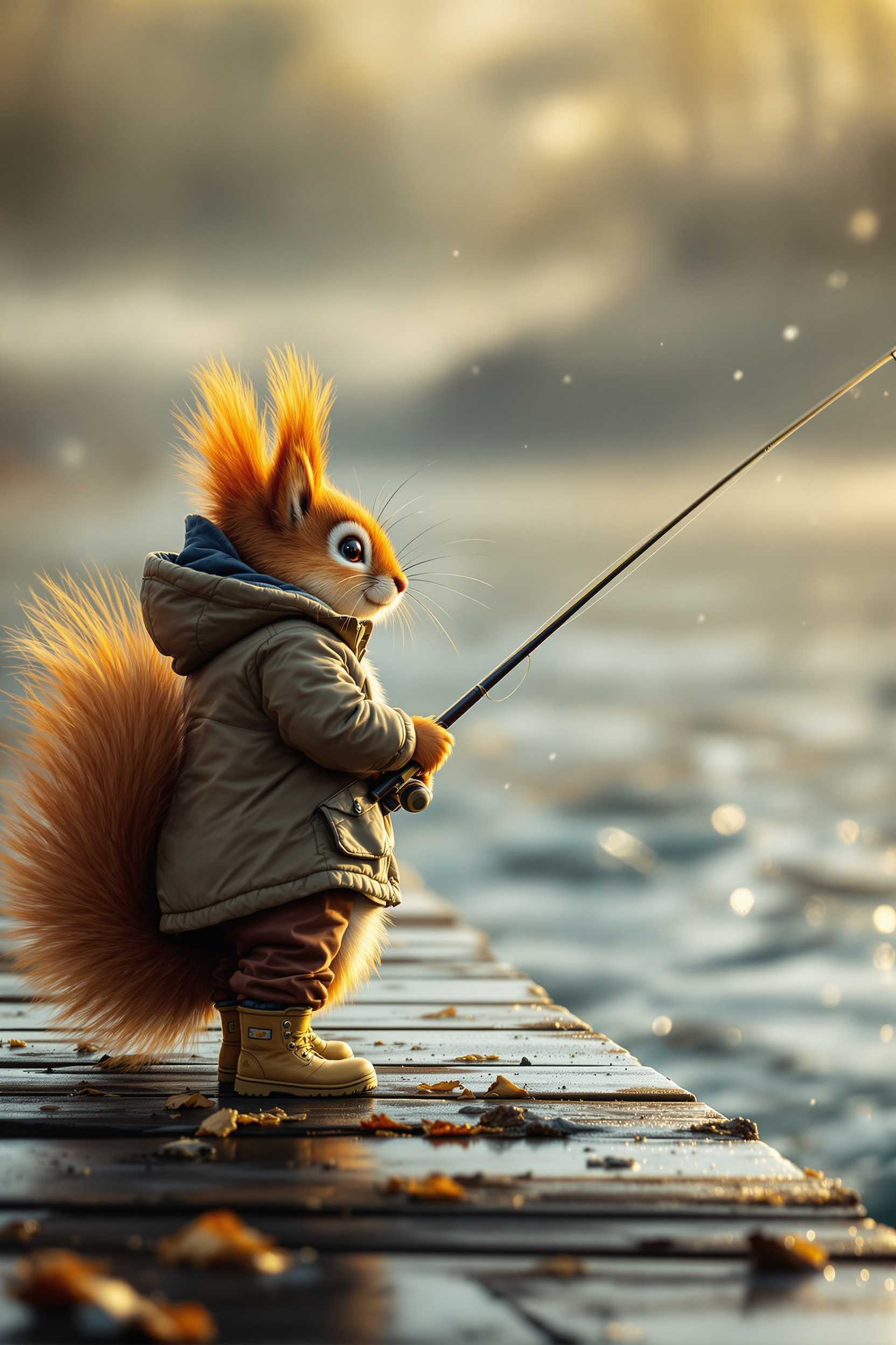 Cinematic, anthropomorphic red squirrel wearing a rain jacket trousers and gum boots, fishing on a pier, morning, golden light