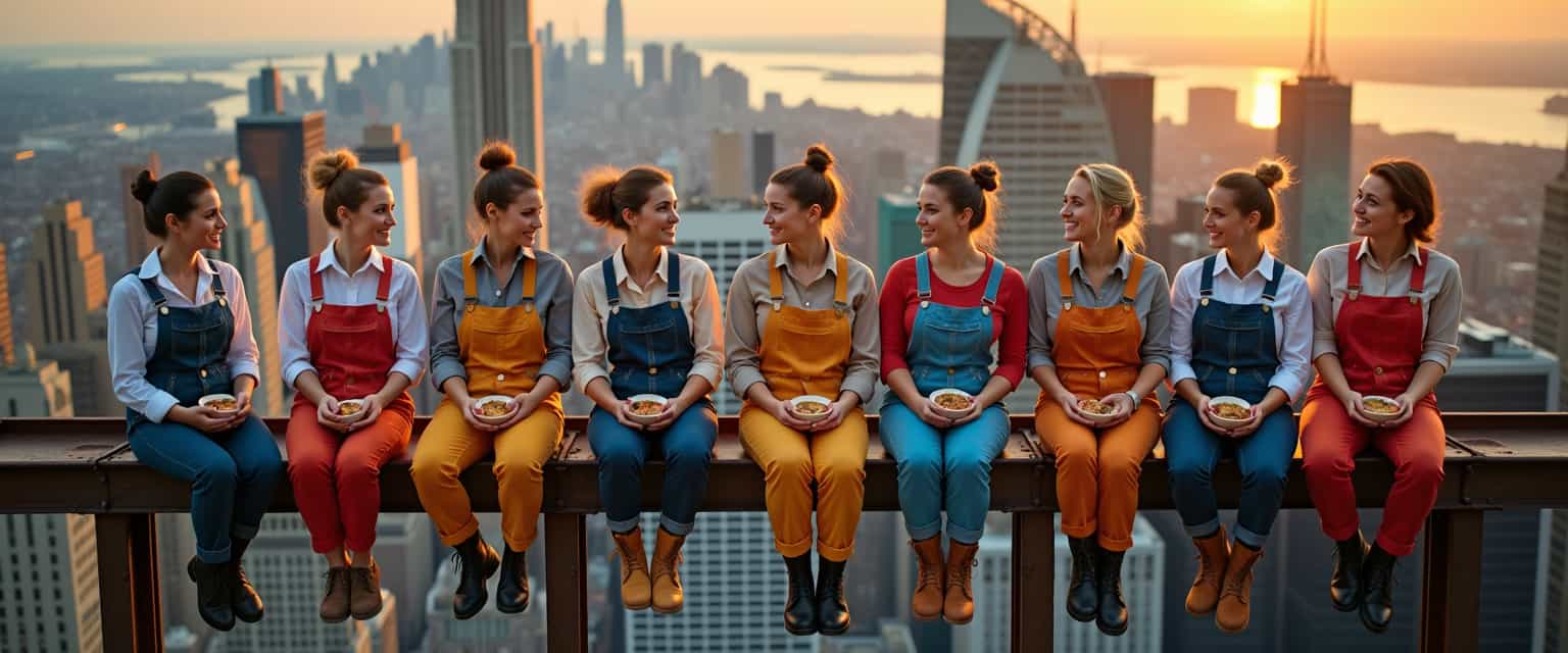 A surrealistic photograph captures seven young attractive women facing the camera, enjoying a leisurely breakfast high above a bustling cityscape, as in the picture "Lunch atop a Skyscraper" in New York City. They are seated in a row on a steel beam extending from two tall skyscrapers. The women, looking at viewer, smiling wears construction overalls and boots in various color creating a harmonious colors. the warm tones of the setting sun. Their hair is styled in various elegant updos. drone view