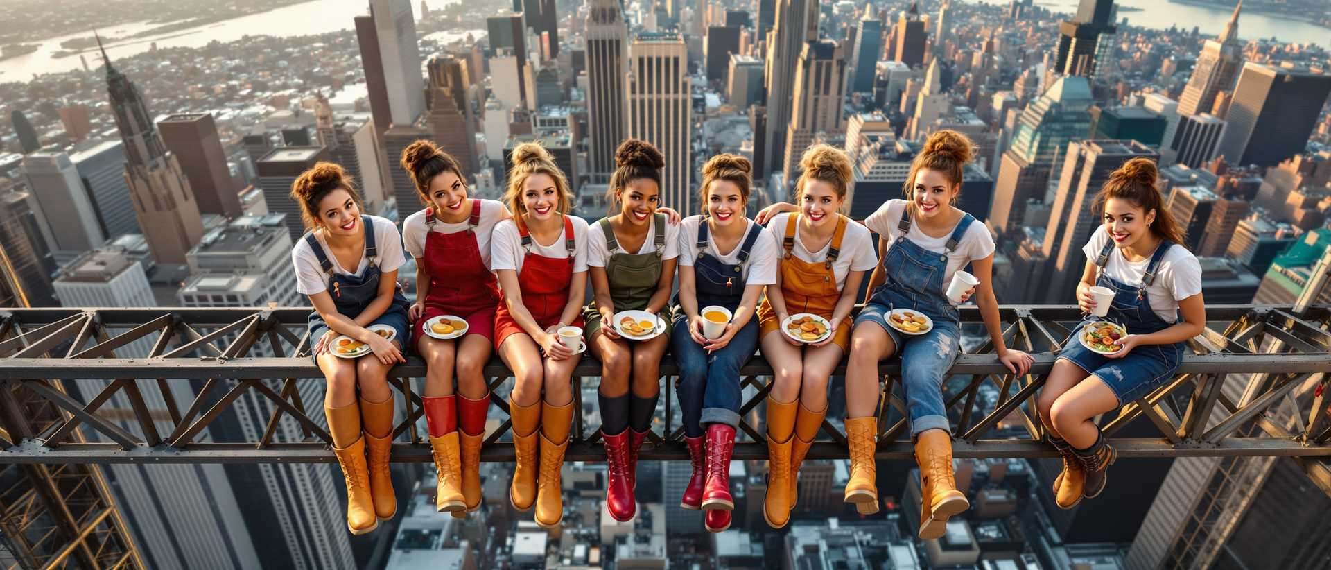 Seven Girls in Overalls Sitting on a Bridge with Cityscape in the Background