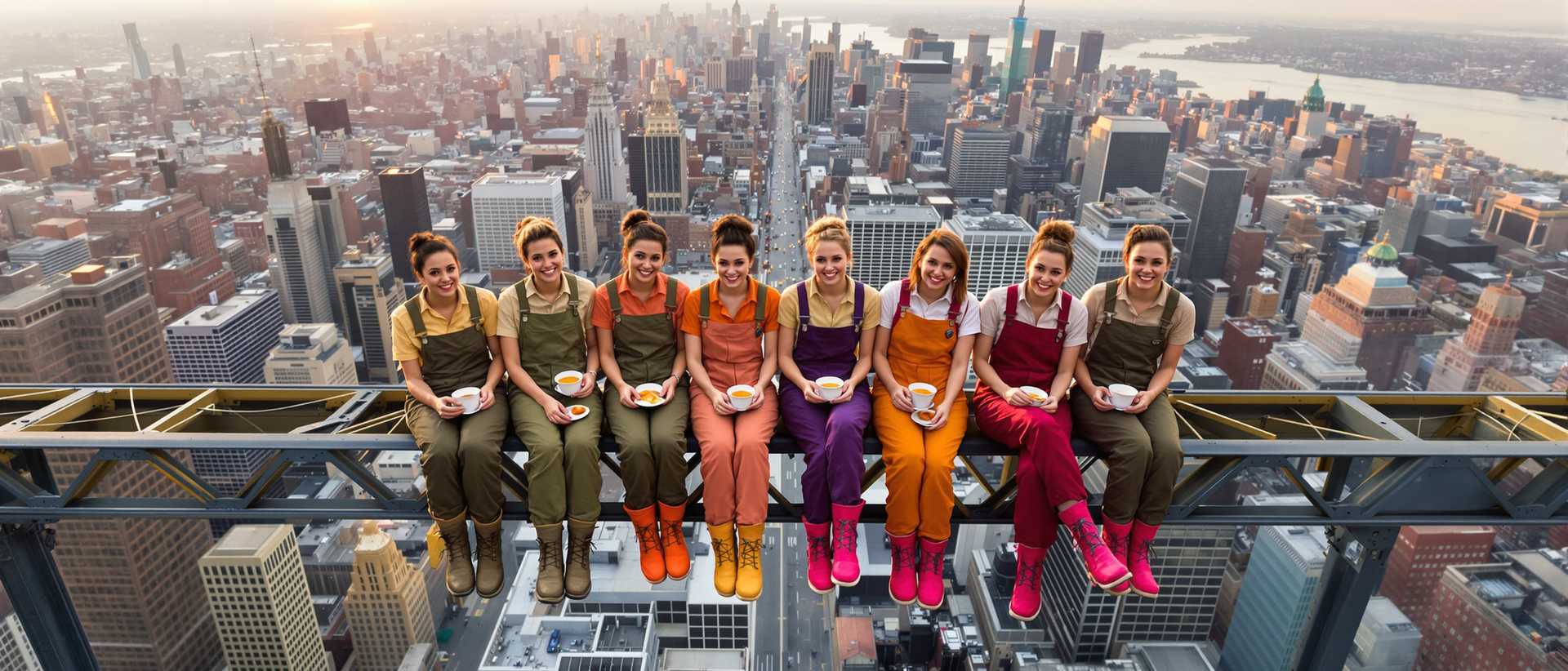 A surrealistic photograph captures seven young attractive women facing the camera, enjoying a leisurely breakfast high above a bustling cityscape, as in the picture "Lunch atop a Skyscraper" in New York City. They are seated in a row on a steel beam extending from two tall skyscrapers. The women, looking at viewer, smiling wears construction overalls and boots in various color creating a harmonious colors. the warm tones of the setting sun. Their hair is styled in various elegant updos. drone view