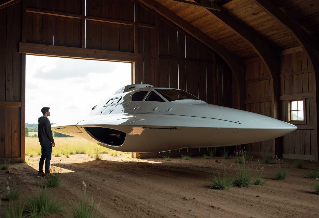 A super-sleek futuristic Starship parked inside a rustic midwestern barn. A young, good-looking man stands, looking in surprise at what he found.