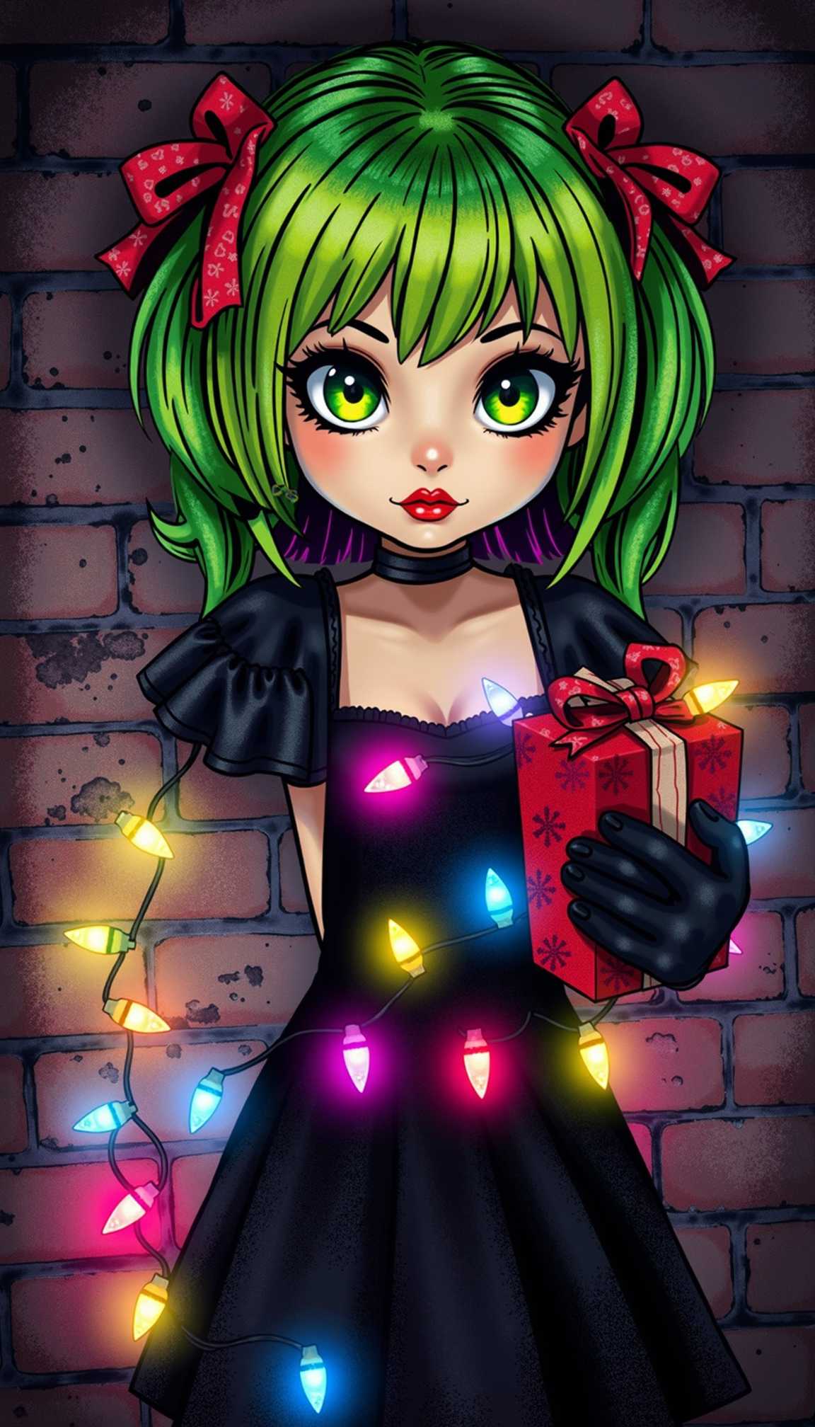 This is an illustration of a stylized character with a gothic influence, set against a brick wall background. The character has vibrant green hair with red bows tied at the ends, which are adorned with snowflake patterns. The hair is styled in a way that it falls in layers around the shoulders, with a hint of purple at the tips, giving it a gradient effect.The character is wearing a black dress with ruffled shoulders and a fitted bodice that flares out into a skirt. The dress has a gothic flair, with lace or embroidery details that are not clearly visible. The character is also wearing a black choker and gloves, which add to the gothic aesthetic.In the characters hand, there is a Christmas gift wrapped in red paper with a white snowflake pattern and a red ribbon tied around it. The gift is a threedimensional object, giving the illustration a sense of depth.The character is surrounded by a string of colorful Christmas lights, which are depicted in a variety of hues including yellow, pink, blue, and purple. The lights are glowing softly, adding a festive atmosphere to the scene.The art style is digital, with a high level of detail and smooth color gradients. The medium appears to be a combination of vector and digital painting techniques, given the clean lines and the blending of colors.