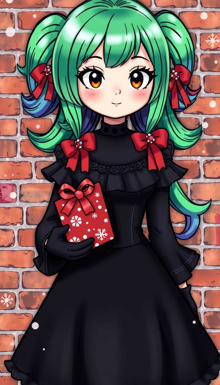 Snow, xmas. This is an illustration of a stylized character with a gothic influence, set against a brick wall background. The character has vibrant green hair with red bows tied at the ends, which are adorned with snowflake patterns. The hair is styled in a way that it falls in layers around the shoulders, with a hint of purple at the tips, giving it a gradient effect.The character is wearing a black dress with ruffled shoulders and a fitted bodice that flares out into a skirt. The dress has a gothic flair, with lace or embroidery details that are not clearly visible. The character is also wearing a black choker and gloves, which add to the gothic aesthetic.In the characters hand, there is a Christmas gift wrapped in red paper with a white snowflake pattern and a red ribbon tied around it. The gift is a threedimensional object, giving the illustration a sense of depth.The art style is digital, with a high level of detail and smooth color gradients. The medium appears to be a combination of vector and digital painting techniques, given the clean lines and the blending of colors.