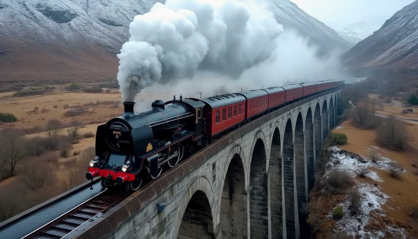 Vintage Steam Train Crossing Stone Bridge in Snowy Mountains
