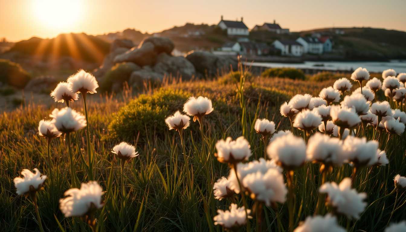 This image captures a serene coastal scene during the golden hour, with the sun casting a warm, soft glow over the landscape. The art style is realistic with a touch of impressionism, as evidenced by the play of light and shadow, and the way the colors blend together to create a harmonious and tranquil scene.The medium appears to be a highquality photograph, taken with a camera that captures fine details and a wide dynamic range of light. The composition is balanced, with the foreground dominated by a lush field of fluffy white flowers, likely cotton grass or similar, which stand out against the darker tones of the grass and rocks. The flowers are in various stages of bloom, with some fully open and others still tightly closed.In the midground, there is a rocky outcrop that adds texture and depth to the scene. The rocks are mosscovered and appear to be weathered, suggesting they have been there for a long time. The midground also includes a few small shrubs and tufts of grass, which add to the natural feel of the landscape.The background reveals a quaint coastal village with houses that are painted in muted colors, blending in with the natural surroundings. The houses are simple, with steeply pitched roofs and a rustic charm. The village is nestled against a backdrop of rolling hills that fade into a hazy blue horizon, where the sea meets the sky. The distant mountains are barely visible, contributing to the sense of vastness and openness in the scene.The colors in the image are soft and muted, with a predominance of earthy browns, greens, and whites. The golden hour light bathes the scene in a warm amber glow, highlighting the textures and contours of the landscape. The contrast between the dark roofs of the houses and the lighter colors of the flowers and grass adds depth and dimension to the composition.