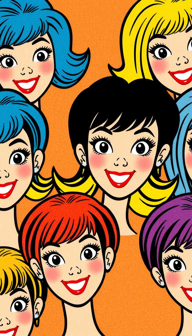 This image is a vibrant and colorful illustration that features a series of stylized female faces and hairstyles. The art style is reminiscent of 1960s and 1970s comic book art, with its bold outlines, flat colors, and exaggerated facial expressions. The medium appears to be a printed comic book or a similar publication, as evidenced by the texture and the way the colors are applied.The illustration is dominated by a warm, peachy background that contrasts with the bright, bold colors of the characters. The faces are depicted with a variety of hairstyles, including short, wavy, and straight hair, each with its own distinct color palette. The hair colors range from deep blues and blacks to bright yellows and blondes, with some hairdos featuring highlights or lowlights.The characters are illustrated with thick, black outlines that give them a threedimensional appearance. The faces are expressive, with wide eyes and prominent smiles, conveying a sense of joy and playfulness. The lips are painted in a bright red, which stands out against the lighter skin tones of the characters.