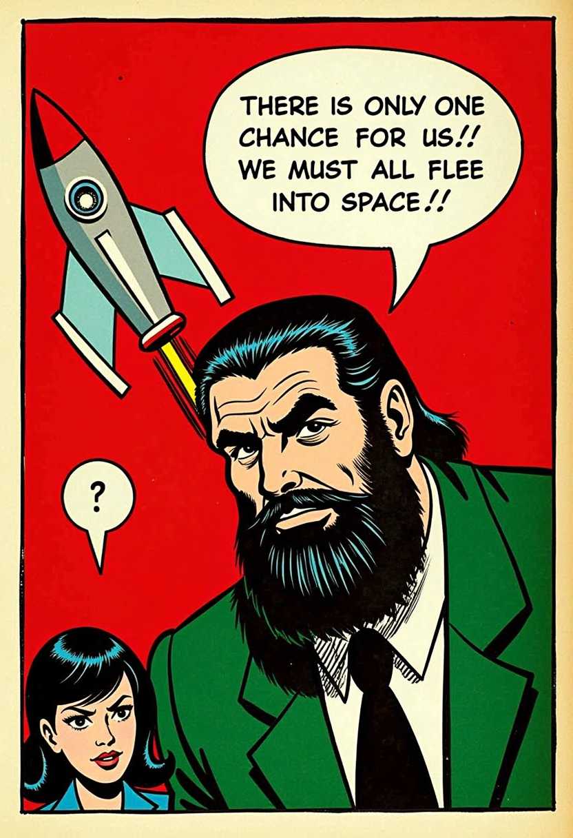 This image is a vintage comic strip panel, characterized by its bold, dramatic art style. The medium appears to be ink on paper, with a red background that gives the panel a sense of urgency or importance.The colors are limited but impactful, primarily consisting of red, green and white. The red background with rocket ship sets a dramatic tone, while the black ink outlines and shading give the characters depth. The white of the speech bubbles stands out against the red, drawing attention to the text.There are two characters in the image. The larger figure is in the foreground, taking up most of the panel. This character has a prominent, furrowed brow, a thick beard, and a determined expression. The characters hair is dark and appears to be slicked back, giving the character a somewhat intense and serious demeanor. The characters attire is not visible, but the posture and facial expression suggest a sense of gravity or importance.The second character is much smaller and is situated in the lower left corner of the panel. This female character has a concerned or worried expression, with furrowed brows and a downturned mouth. The characters hair is dark and is visible on the top of the head. The characters attire is not visible, but the posture and facial expression suggest a sense of unease or fear.The speech bubble contains the text There is only one chance for us!! We must all flee into space!! This text is in capital letters, emphasizing the importance and urgency of the message. The speech bubble is white with black ink outlines, and it floats above the larger characters head, indicating that the character is speaking.