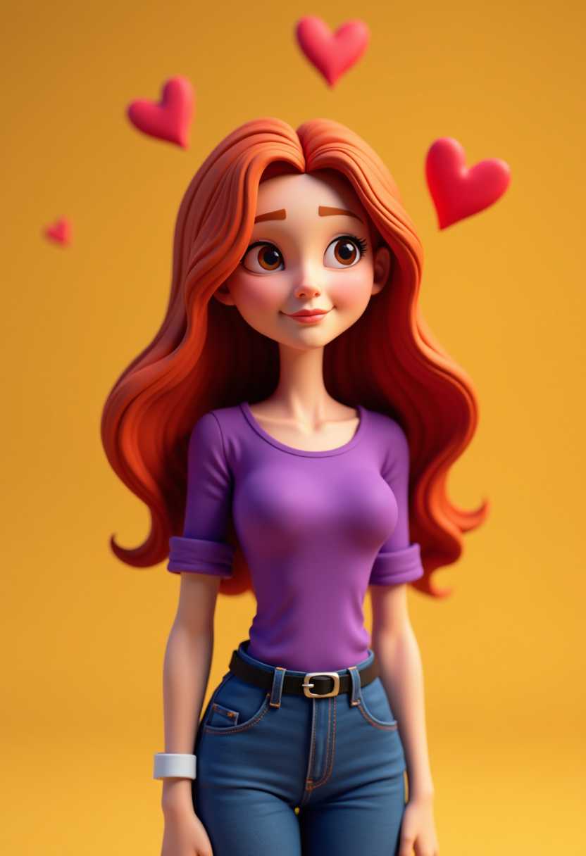 3d clay animation girl. The subject has long, flowing red hair that cascades down the back and over the shoulders. The hair is detailed with a few strands that are slightly lifted, giving the impression of movement or a breeze.The person is wearing a purple top with a fitted design that contours closely to the body, accentuating the shape. The sleeves are rolled up to the elbows, revealing the forearms. A white bracelet or watch is visible on the left wrist, adding a touch of detail to the arm.The subject is also wearing blue jeans, which are depicted with a realistic texture and shading, giving a sense of depth and dimension. The jeans are fitted at the waist, with a black belt cinching the waistline. The pockets on the jeans are detailed with stitching and shading, and the fabric appears to have a slight sheen, indicating a denim material.The background of the image is a warm, muted yellow, with a gradient that fades to a lighter tone at the top. This creates a sense of depth and focuses attention on the subject. There are three red hearts floating above the subjects head, which add a whimsical element to the composition.