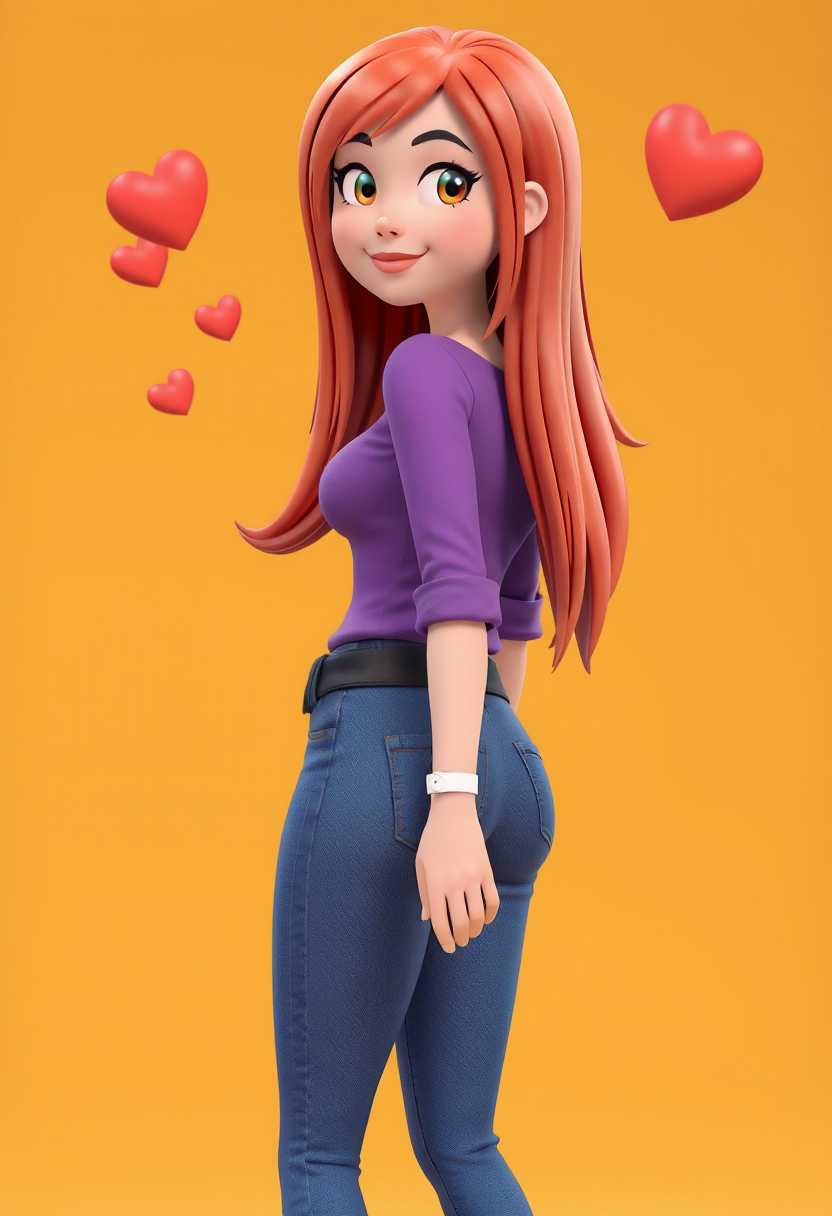 3d cartoon girl. The subject has long, flowing red hair that cascades down the back and over the shoulders. The hair is detailed with a few strands that are slightly lifted, giving the impression of movement or a breeze.The person is wearing a purple top with a fitted design that contours closely to the body, accentuating the shape. The sleeves are rolled up to the elbows, revealing the forearms. A white bracelet or watch is visible on the left wrist, adding a touch of detail to the arm.The subject is also wearing blue jeans, which are depicted with a realistic texture and shading, giving a sense of depth and dimension. The jeans are fitted at the waist, with a black belt cinching the waistline. The pockets on the jeans are detailed with stitching and shading, and the fabric appears to have a slight sheen, indicating a denim material.The background of the image is a warm, muted yellow, with a gradient that fades to a lighter tone at the top. This creates a sense of depth and focuses attention on the subject. There are three red hearts floating above the subjects head, which add a whimsical element to the composition.