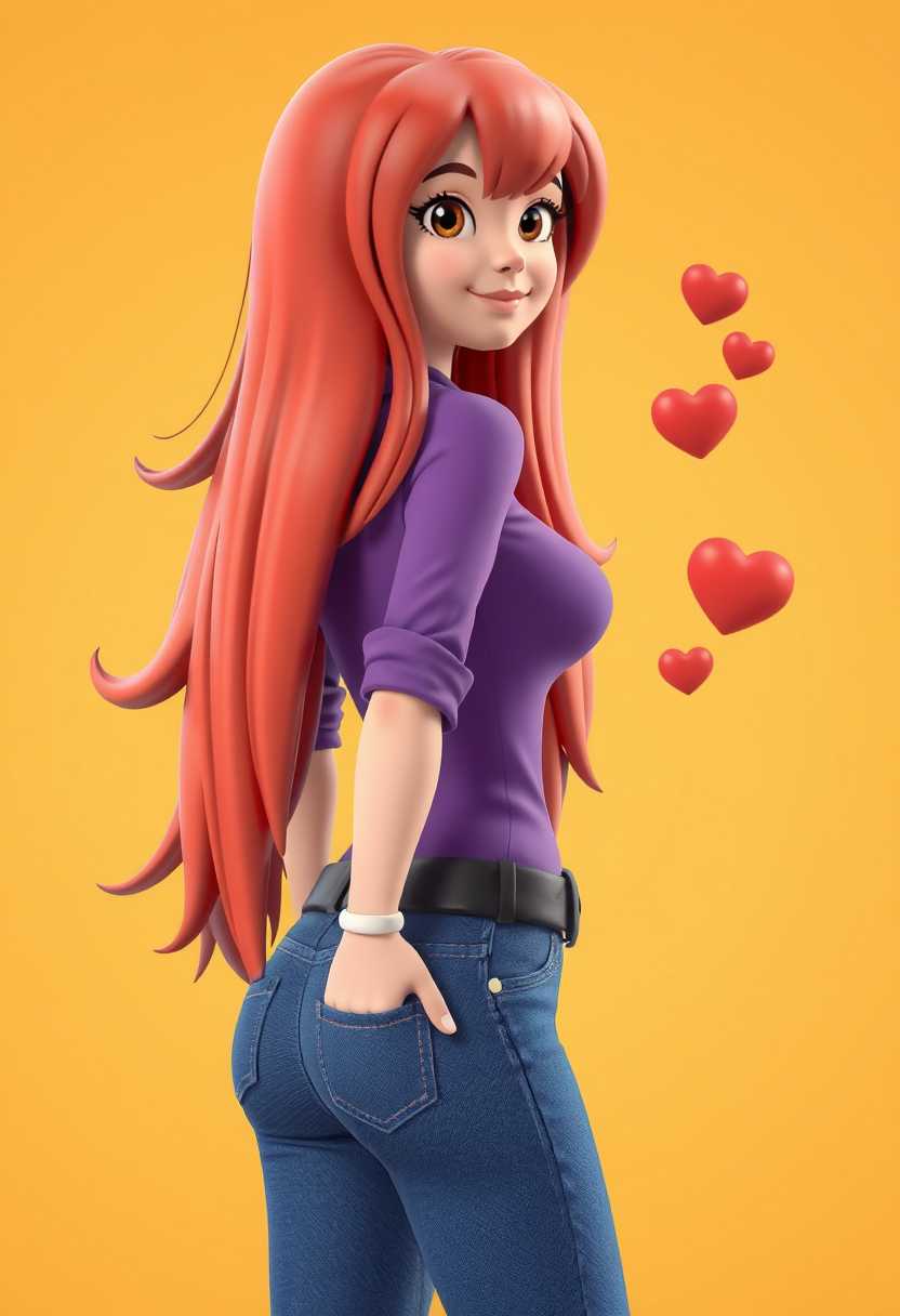 3d cartoon girl. The subject has long, flowing red hair that cascades down the back and over the shoulders. The hair is detailed with a few strands that are slightly lifted, giving the impression of movement or a breeze.The person is wearing a purple top with a fitted design that contours closely to the body, accentuating the shape. The sleeves are rolled up to the elbows, revealing the forearms. A white bracelet or watch is visible on the left wrist, adding a touch of detail to the arm.The subject is also wearing blue jeans, which are depicted with a realistic texture and shading, giving a sense of depth and dimension. The jeans are fitted at the waist, with a black belt cinching the waistline. The pockets on the jeans are detailed with stitching and shading, and the fabric appears to have a slight sheen, indicating a denim material.The background of the image is a warm, muted yellow, with a gradient that fades to a lighter tone at the top. This creates a sense of depth and focuses attention on the subject. There are three red hearts floating above the subjects head, which add a whimsical element to the composition.