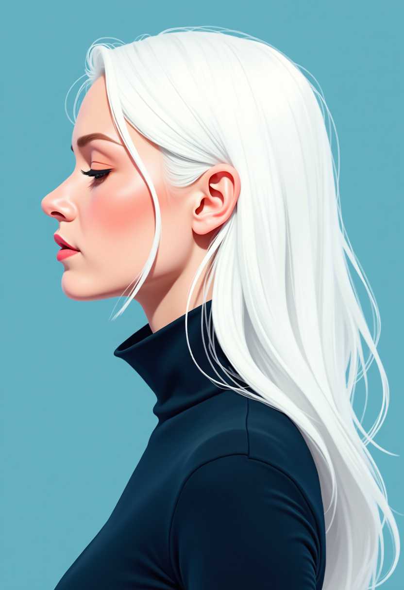 This is a closeup digital illustration of a persons profile. The art style is highly stylized with a strong emphasis on clean lines and a threedimensional form, giving the image a modern and sleek appearance. The medium appears to be digital painting, as evidenced by the smooth blending of colors and the lack of texture that one might find in traditional mediums like oil or watercolor.The subject has long, flowing hair that cascades in waves down the side of the body. The hair is predominantly white with subtle highlights and shadows that give it a realistic sheen and volume. The highlights are particularly noticeable on the top of the head and the ends of the hair, which catch the light and give the hair a luminous quality.The person is wearing a dark, highneck top that contrasts sharply with the lighter tones of the hair and the blue background. The neckline is simple and unadorned, drawing the eye to the hair and the profile of the subject.The subjects skin is rendered with a soft blush on the cheeks and a gentle shadow under the chin, which adds to the threedimensional effect. The eyes are not visible, but the shadow and highlights on the cheekbones suggest that they are present, contributing to the overall sense of depth.The background is a solid blue, which provides a calm and neutral backdrop that allows the subject and the hair to stand out. The blue also complements the white hair, creating a harmonious color palette.
