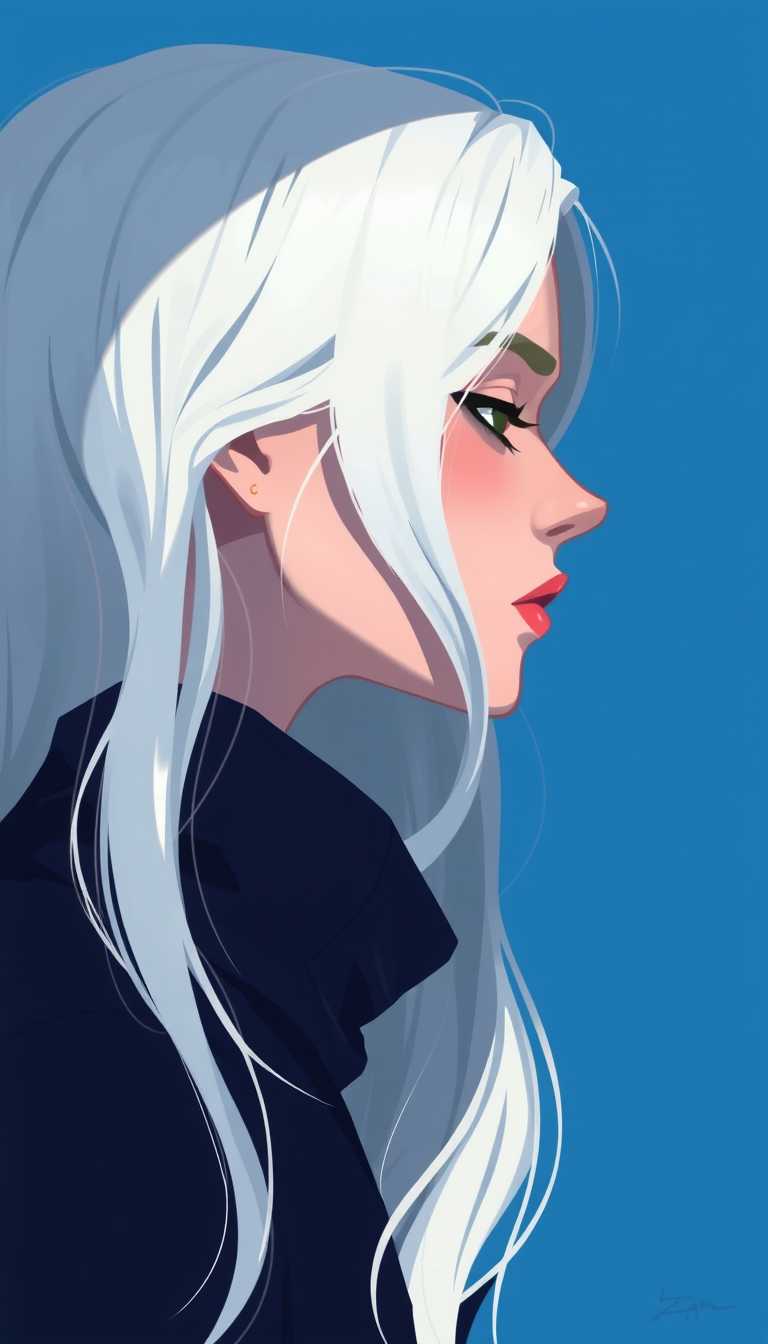 This is a closeup digital illustration of a persons profile. The art style is highly stylized with a strong emphasis on clean lines and a threedimensional form, giving the image a modern and sleek appearance. The medium appears to be digital painting, as evidenced by the smooth blending of colors and the lack of texture that one might find in traditional mediums like oil or watercolor.The subject has long, flowing hair that cascades in waves down the side of the body. The hair is predominantly white with subtle highlights and shadows that give it a realistic sheen and volume. The highlights are particularly noticeable on the top of the head and the ends of the hair, which catch the light and give the hair a luminous quality.The person is wearing a dark, highneck top that contrasts sharply with the lighter tones of the hair and the blue background. The neckline is simple and unadorned, drawing the eye to the hair and the profile of the subject.The subjects skin is rendered with a soft blush on the cheeks and a gentle shadow under the chin, which adds to the threedimensional effect. The eyes are not visible, but the shadow and highlights on the cheekbones suggest that they are present, contributing to the overall sense of depth.The background is a solid blue, which provides a calm and neutral backdrop that allows the subject and the hair to stand out. The blue also complements the white hair, creating a harmonious color palette.