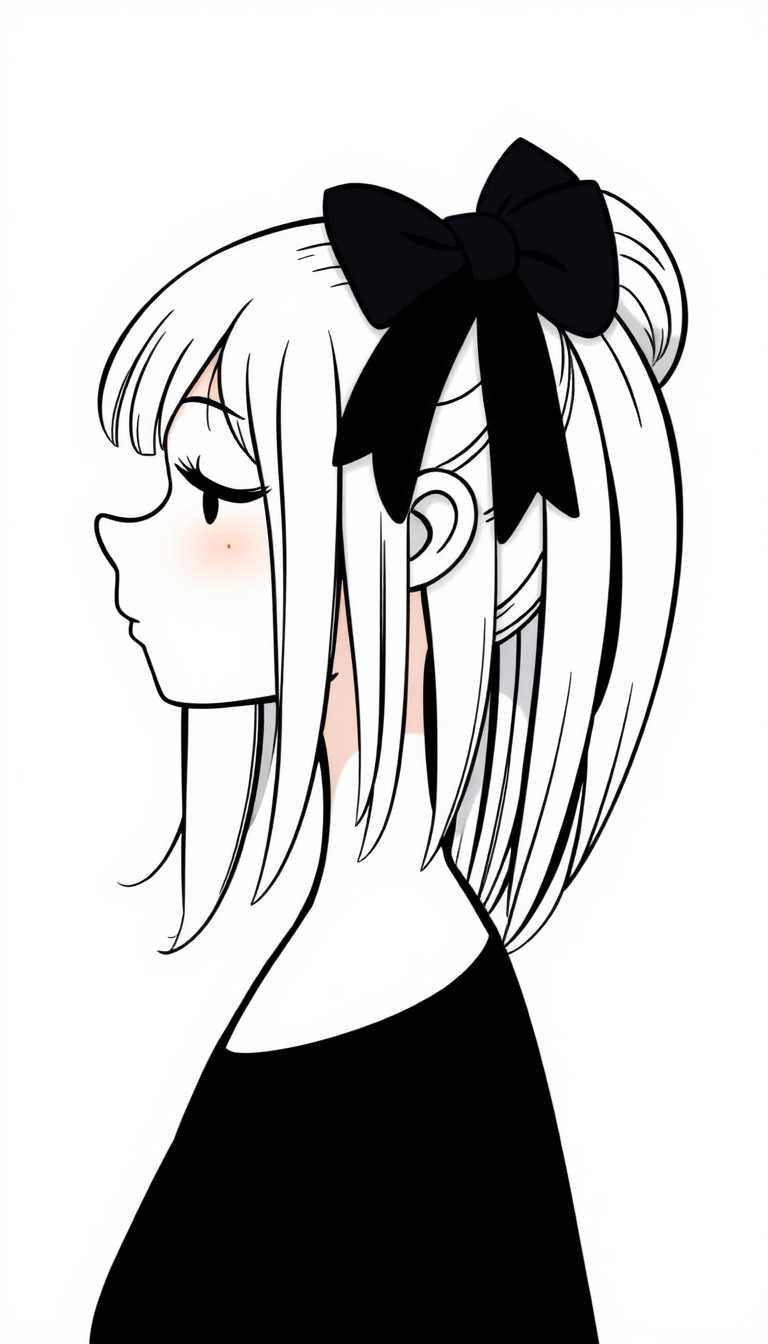 This is a monochromatic illustration, predominantly in black and white, with a few gray tones that add depth and shading. The subject of the artwork is a profile view of a person, focusing on the upper body and the left side of the head. The person has a slender neck, and the shoulders are slightly rounded.The hair is styled in a bun on the right side of the head, secured with a large black bow that adds a pop of color against the predominantly white hair. The hair strands are drawn with varying thicknesses, giving a sense of volume and texture. There is a small mole or birthmark on the right side of the neck.The person is wearing a dark top, which is suggested by the solid black shape on the left side of the neck and shoulders. The top has a rounded neckline,