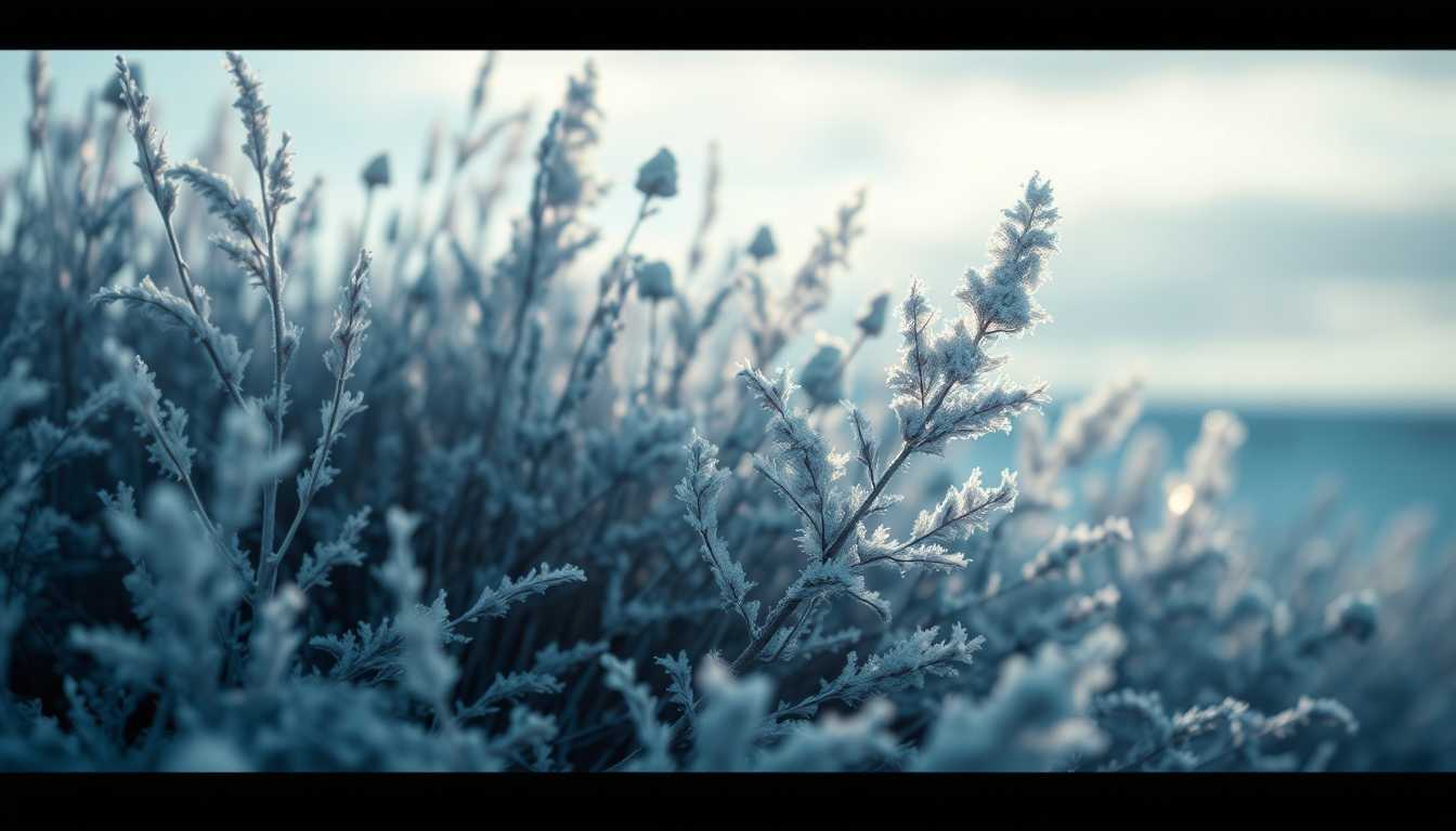 This image captures a serene winter scene, likely taken during the early morning or late afternoon when the light is soft and diffused. The art style is impressionistic, with a focus on the interplay of light and shadow, and the textural details of the frostcovered plants.The medium appears to be a highquality photograph, possibly taken with a DSLR or mirrorless camera, given the sharpness and clarity of the image. The camera settings might have been adjusted to capture the low light conditions, resulting in a slow shutter speed that could have blurred the background slightly.The colors in the image are predominantly cool and muted, with whites, grays, and blues dominating the palette. The frostcovered plants have a silvery hue, which adds to the wintry feel of the scene. The sky is a soft, diffuse blue, and the light seems to be coming from the left, casting gentle shadows and highlights on the frostcovered vegetation.The objects in the image are primarily the frostcovered plants, which are the focal point of the composition. They are delicate and feathery, with the frost crystals catching the light and creating a sparkling effect. In the background, there is a building with a sloped roof, which is slightly out of focus, contributing to the depth of the scene. The building is dark, possibly made of wood or stone, and it blends into the misty background, further emphasizing the cold, wintry atmosphere of the setting.