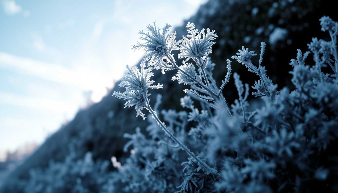 This image captures a serene winter scene, likely taken during the early morning or late afternoon when the light is soft and diffused. The art style is impressionistic, with a focus on the interplay of light and shadow, and the textural details of the frostcovered plants.The medium appears to be a highquality photograph, possibly taken with a DSLR or mirrorless camera, given the sharpness and clarity of the image. The camera settings might have been adjusted to capture the low light conditions, resulting in a slow shutter speed that could have blurred the background slightly.The colors in the image are predominantly cool and muted, with whites, grays, and blues dominating the palette. The frostcovered plants have a silvery hue, which adds to the wintry feel of the scene. The sky is a soft, diffuse blue, and the light seems to be coming from the left, casting gentle shadows and highlights on the frostcovered vegetation.The objects in the image are primarily the frostcovered plants, which are the focal point of the composition. They are delicate and feathery, with the frost crystals catching the light and creating a sparkling effect. In the background, there is a building with a sloped roof, which is slightly out of focus, contributing to the depth of the scene. The building is dark, possibly made of wood or stone, and it blends into the misty background, further emphasizing the cold, wintry atmosphere of the setting.