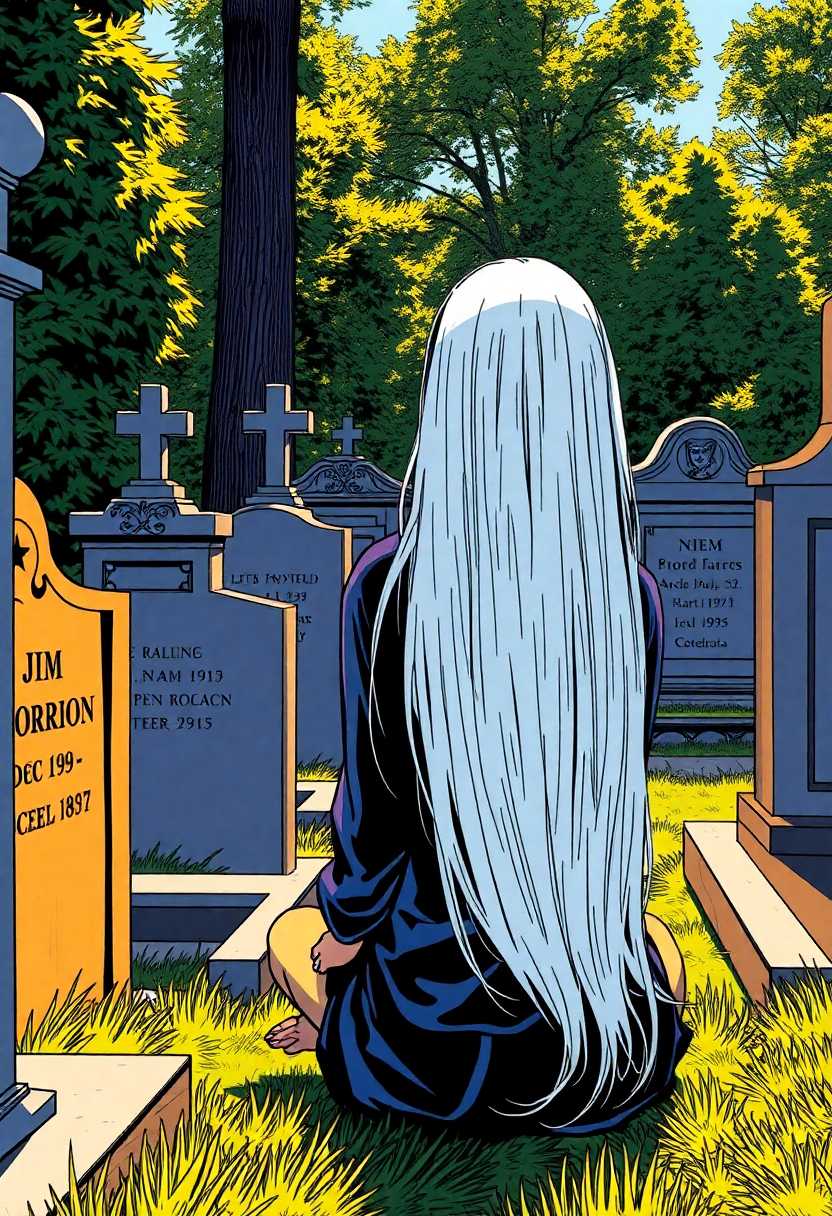 A vibrant and dynamic comic book panel in a contemporary style: a woman with long, straight, brilliantly white hair sits with an introspective expression next to Jim Morrison's grave in Père Lachaise Cemetery, Paris. The scene is drenched in bold, vivid colors, with sharp, clean lines characteristic of modern comic art. The woman is positioned in the foreground, her hair cascading over her shoulders, contrasting starkly against the muted tombstones. Golden afternoon sunlight casts dramatic shadows, adding depth and dimension to the gravestones and surrounding lush greenery. The composition captures a blend of serene quietness and vibrant storytelling, framed within the lush, historic Parisian cemetery, evoking a sense of reverence and introspection.