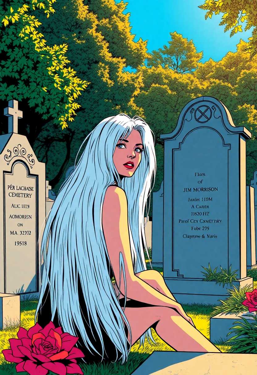 A vibrant and dynamic comic book panel in a contemporary style: a woman with long, straight, brilliantly white hair sits with an introspective expression next to Jim Morrison's grave in Père Lachaise Cemetery, Paris. The scene is drenched in bold, vivid colors, with sharp, clean lines characteristic of modern comic art. The woman is positioned in the foreground, her hair cascading over her shoulders, contrasting starkly against the muted tombstones. Golden afternoon sunlight casts dramatic shadows, adding depth and dimension to the gravestones and surrounding lush greenery. The composition captures a blend of serene quietness and vibrant storytelling, framed within the lush, historic Parisian cemetery, evoking a sense of reverence and introspection.