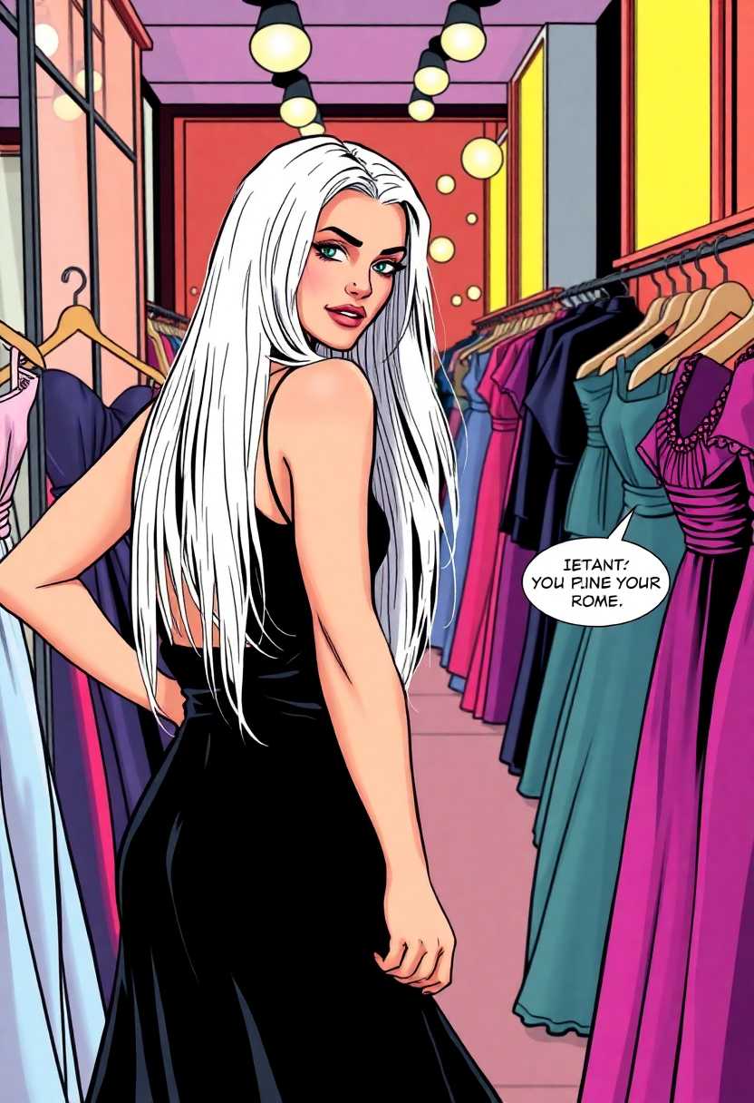 A vibrant and dynamic comic book panel in a contemporary style.  A beautiful young woman with long straight white hair, tries on a black dress in a fancy dress shop in Rome