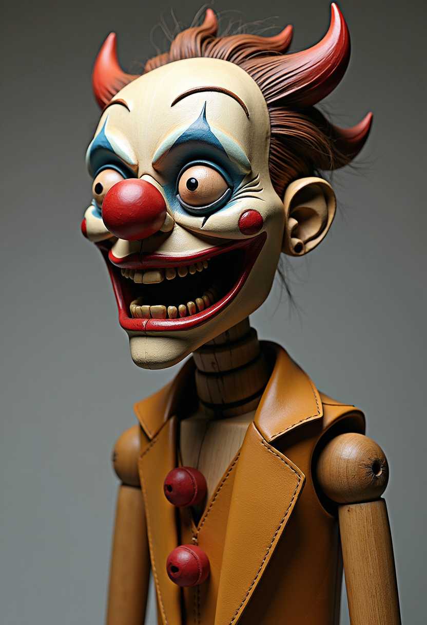 wooden sculpture puppet clownsville apocalypse