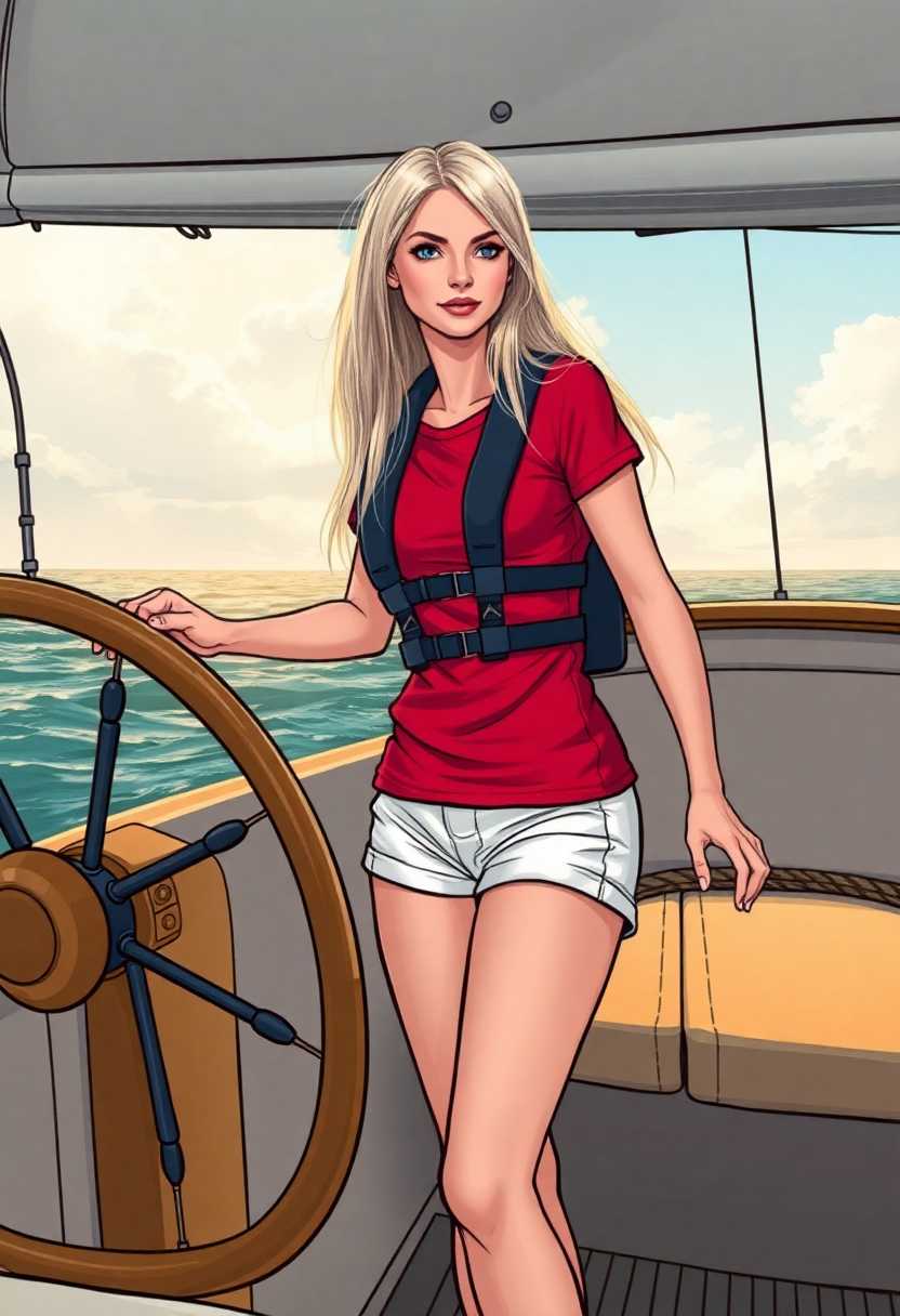 a illustration from a comic book, detailed, A thin, beautiful woman with long straight platinum blonde hair, small breasts, and long legs is wearing a red t-shirt and white shorts.  She is behind the wheel of a very large sailboat, with the sea behind her . She is wearing a pfd harness over her clothes