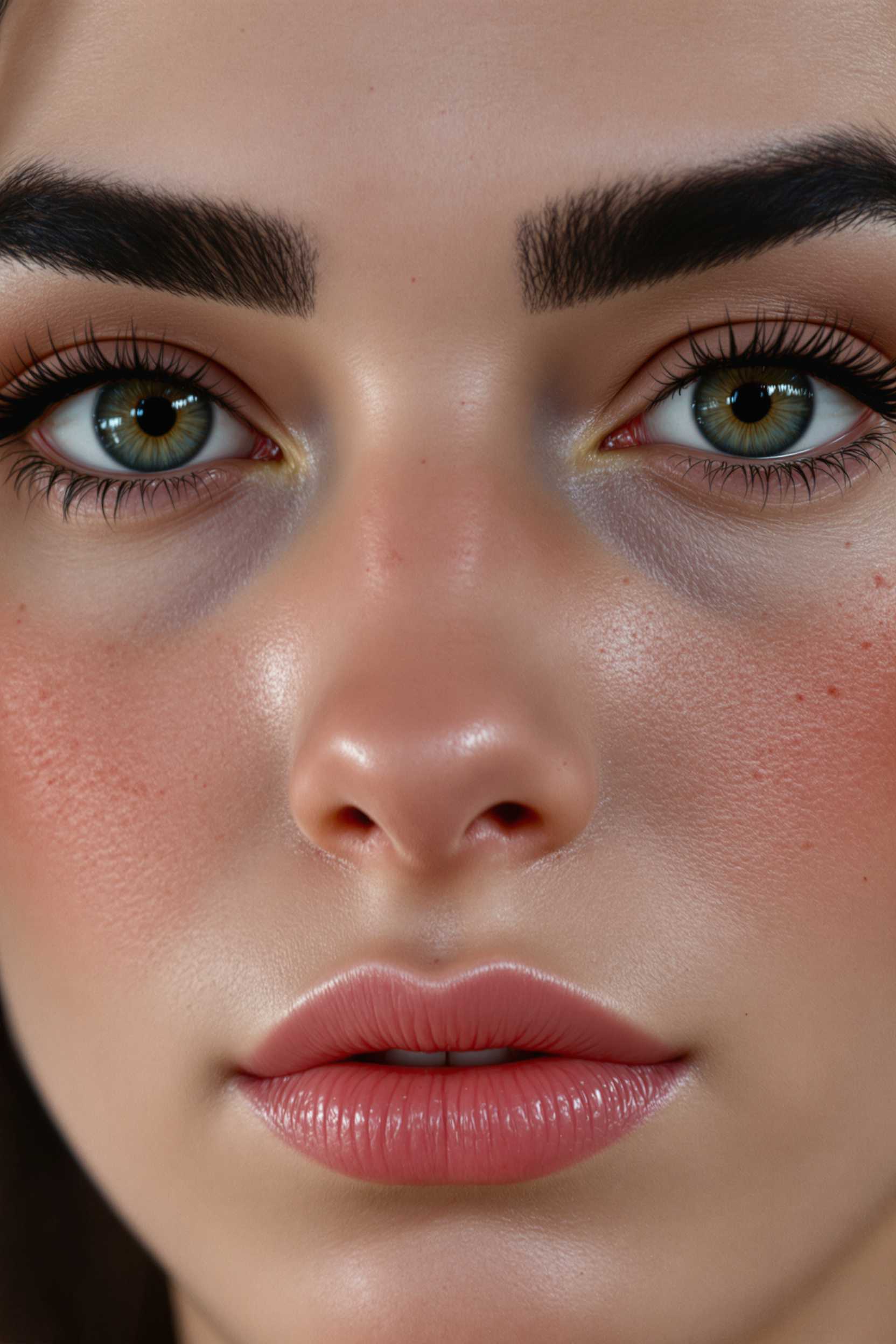Close-up portrait of a character with detailed facial features, showing high-definition skin texture, visible pores, fine lines, and realistic lighting. The character has deep-set eyes with a sharp gaze, subtly arched eyebrows, and slight crow's feet. Detailed shadows contour the nose and cheekbones, while soft, natural lips with a hint of moisture give a lifelike look. The skin has a mix of cool and warm tones, with faint freckles across the bridge of the nose. Background: softly blurred to highlight facial details.
