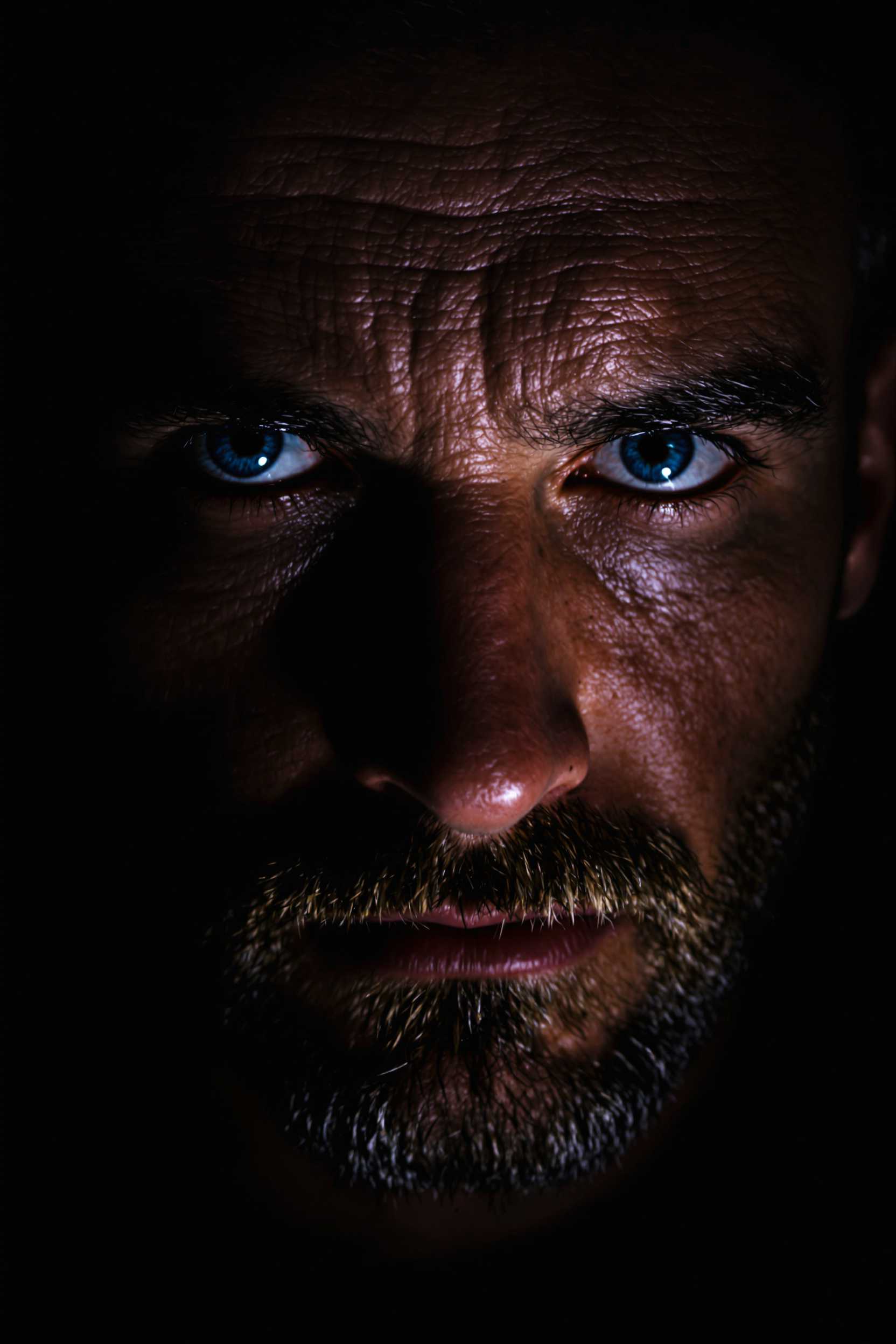 Intense Stare A Closeup of a Mans Face with Blue Eyes and a Beard