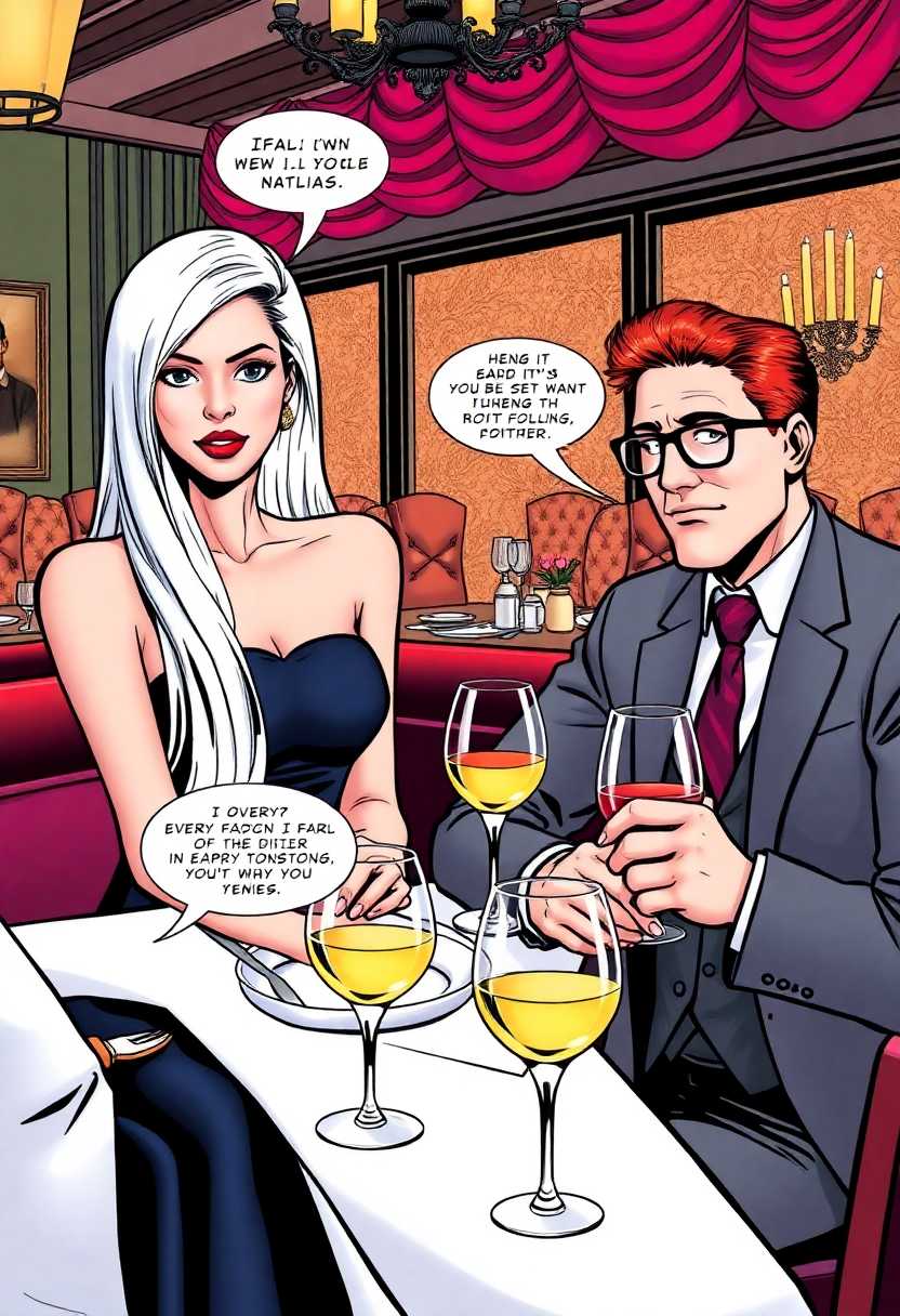 A vibrant and dynamic comic book panel in a contemporary style.  A beautiful young woman with long straight white hair, wearing a strapless black dress, and a man in a grey suit, with red hair and glasses, eat at a very fancy italian resturant, wine glasses in front of them.  There are no speech balloons
