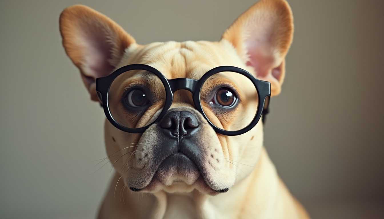 a photo realistic, A whimsical portrait of a French Bulldog donning oversized, round nerdy glasses with thick frames. The dog's pristine, smooth fur is a mix of cream and soft brown, beautifully offset against the glasses' black finish. The composition centers the French Bulldog in a mid-close-up shot, highlighting its charming and quirky expression. Soft, diffused lighting adds a warm and friendly ambiance, while the glossy texture of the glasses subtly reflects the surrounding colors, enhancing the playful mood of the image.