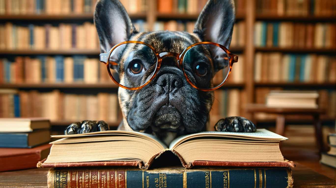 A whimsical portrait featuring a French bulldog wearing large, round nerdy glasses, perched playfully on its snout. The background is a library setting with bookshelves filled with colorful volumes, emphasizing a cozy academic atmosphere. The dog's fur is textured with intricate details and shows a brindle pattern. The composition is front-facing, at eye level, capturing the bulldog's endearing expression with an emphasis on its bright, curious eyes peeking through the oversized glasses. The scene evokes a sense of warmth and intelligence, with a whimsical touch, suitable for a contemporary, lighthearted illustration style.