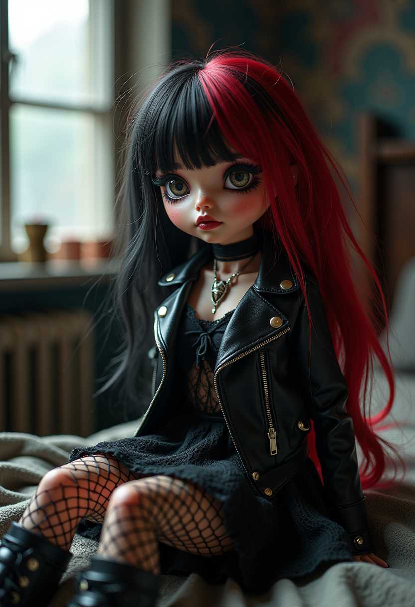 Punk goth doll with striking features: vividly detailed makeup accentuates her eyes, contrasting with her pale skin. Her hair, styled in vibrant hues of crimson and jet black, cascades in wild layers. She wears a leather jacket adorned with metal spikes, layered over a lace neckline dress, emphasizing both rebellion and elegance. The setting is a dimly lit, urban bedroom filled with gothic decor, casting shadowy textures across the scene. Soft moonlight filters through a cracked window, highlighting the intricate details of her fishnet stockings and platform boots. Capture the scene in a modern portrait style with a shallow depth of field, focusing on the doll's intense expression and the worn textures of her attire. The atmosphere blends a sense of mystery and edgy allure.