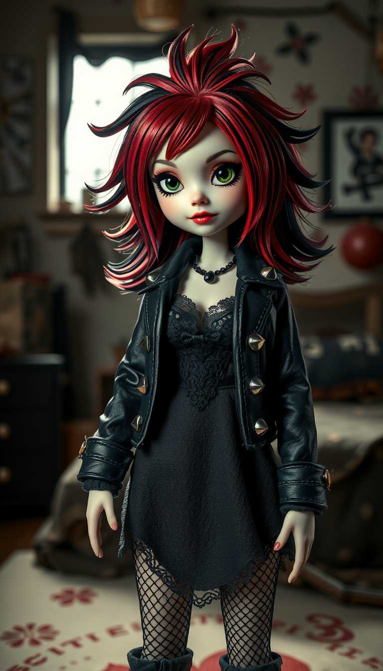 Punk goth doll with striking features: vividly detailed makeup accentuates her eyes, contrasting with her pale skin. Her hair, styled in vibrant hues of crimson and jet black, cascades in wild layers. She wears a leather jacket adorned with metal spikes, layered over a lace neckline dress, emphasizing both rebellion and elegance. The setting is a dimly lit, urban bedroom filled with gothic decor, casting shadowy textures across the scene. Soft moonlight filters through a cracked window, highlighting the intricate details of her fishnet stockings and platform boots. Capture the scene in a modern portrait style with a shallow depth of field, focusing on the doll's intense expression and the worn textures of her attire. The atmosphere blends a sense of mystery and edgy allure.