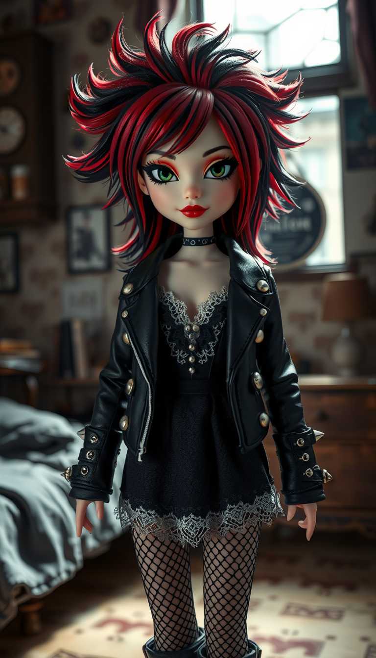 Punk goth doll with striking features: vividly detailed makeup accentuates her eyes, contrasting with her pale skin. Her hair, styled in vibrant hues of crimson and jet black, cascades in wild layers. She wears a leather jacket adorned with metal spikes, layered over a lace neckline dress, emphasizing both rebellion and elegance. The setting is a dimly lit, urban bedroom filled with gothic decor, casting shadowy textures across the scene. Soft moonlight filters through a cracked window, highlighting the intricate details of her fishnet stockings and platform boots. Capture the scene in a modern portrait style with a shallow depth of field, focusing on the doll's intense expression and the worn textures of her attire. The atmosphere blends a sense of mystery and edgy allure.